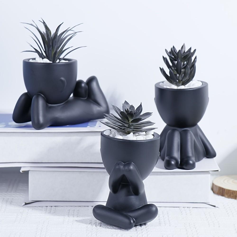 Gothic Artificial Succulent Set - 3 Human-Shaped Mini Planters with Dark Style Succulents, Creepy-Cute Desktop Ornaments for Halloween & Year-Round Decor