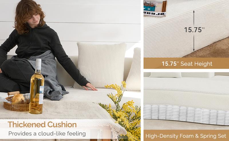 【Shipped in Two Packages】Modern Style Curved Sofa, Upholstery Corduroy Sofa Couch with 3 Pillows, Oversized Sleek Curved Sectional Boucle Fabric Couch for Living Room White