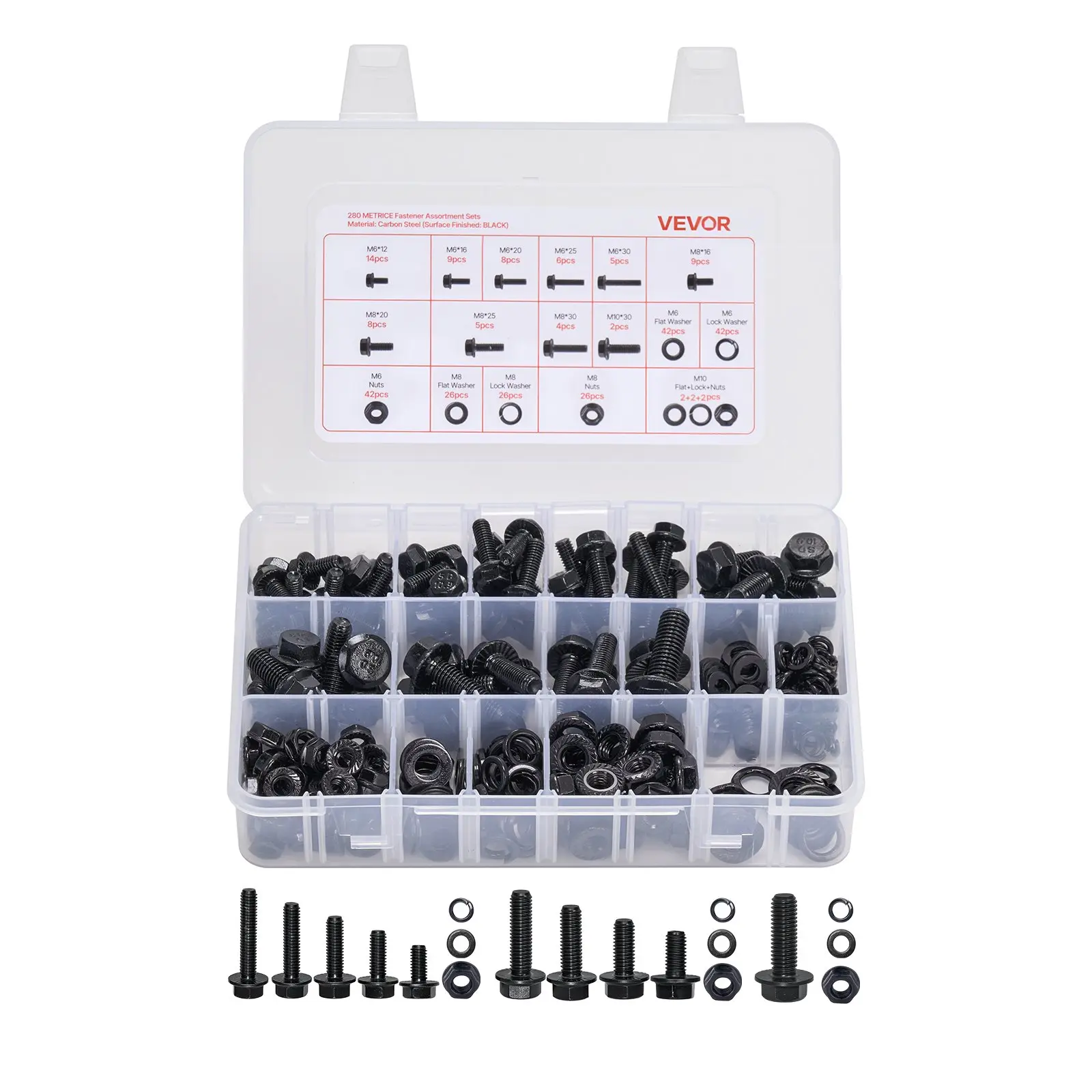 VEVOR 280 Pcs Bolts and Nuts Assortment Kit, Metric Machine Screws and Flat Washers, Alloy Steel M6/M8/M10 Multiple Size, for Furniture / Equipment Assembly, Vehicle Grade 10.9 Black, with Case