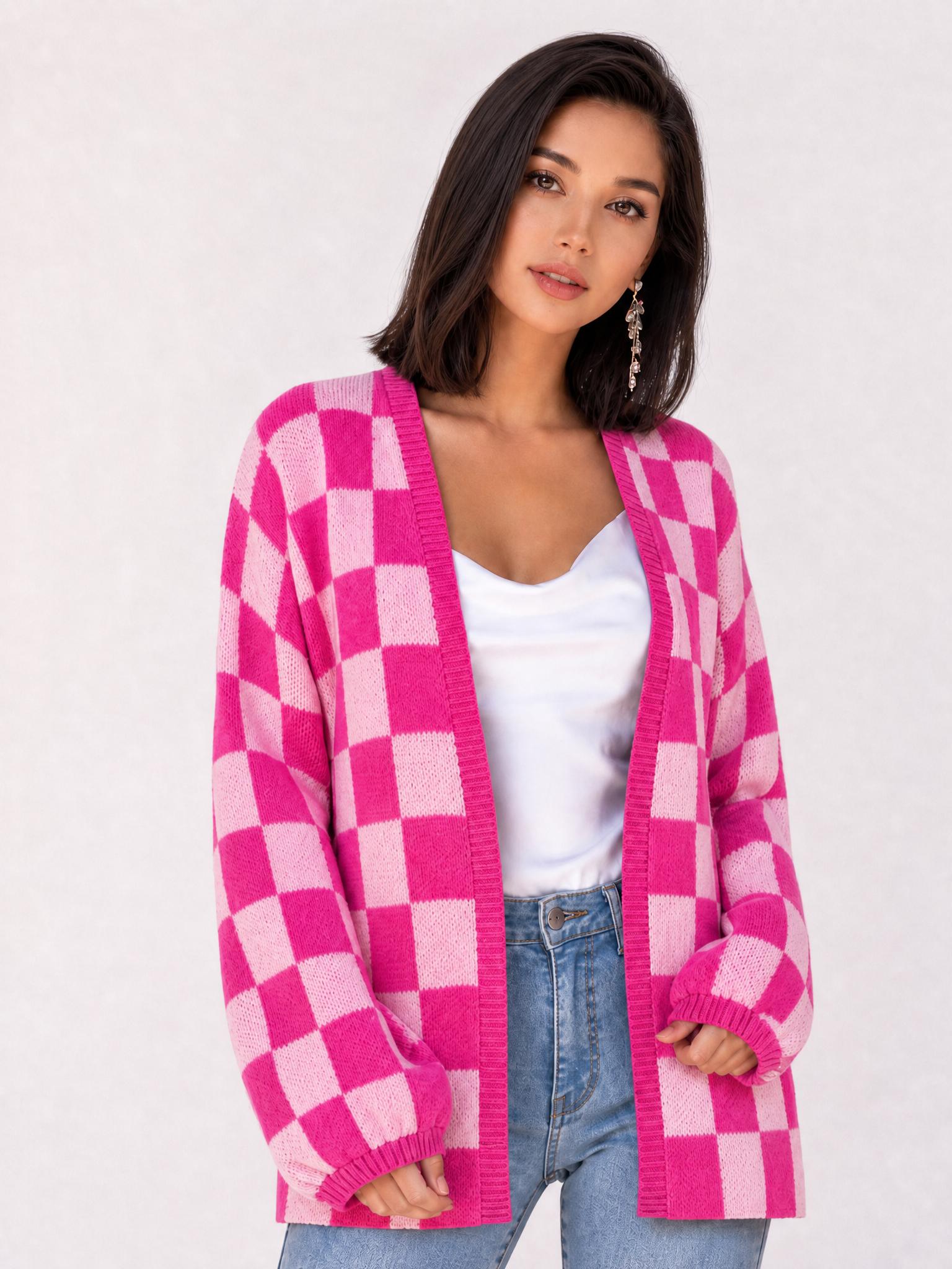 Plus Size Women's Plaid Knit Cardigan, V Neck Open Front Loose Fit Long Sleeve Sweater Coat, Fall & Winter Casual Outerwear