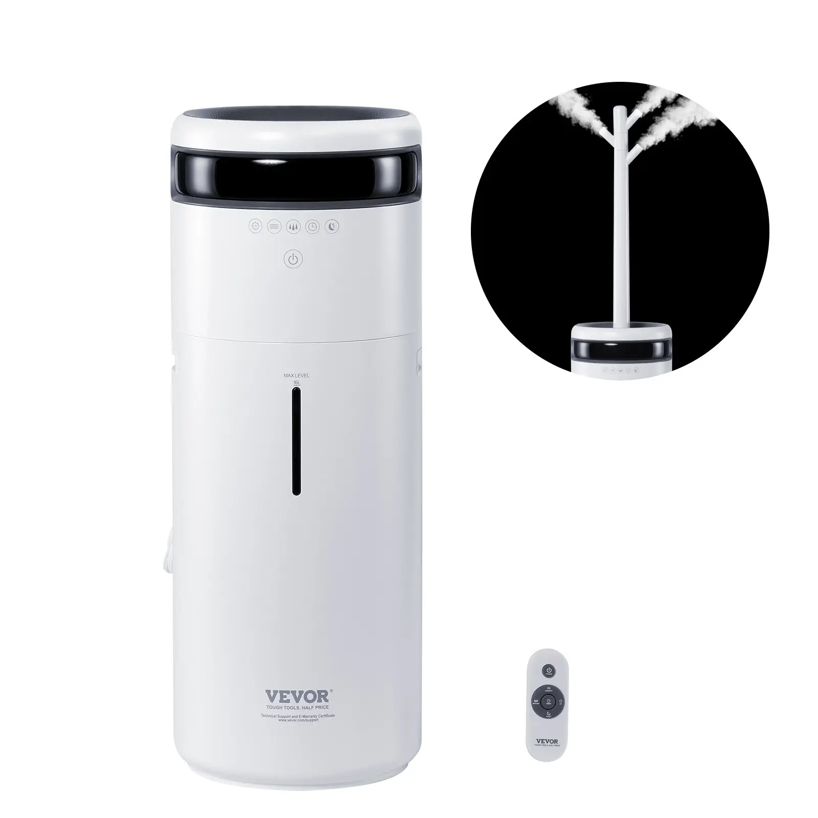 VEVOR Humidifier for Home Large Room, Commercial Humidifier for Whole House 1291.7 sq ft, 16L Water Tank Night Light 12h Timer Auto Shut-Off, Greenhouse, Commercial Branch Tube w/ 360 Nozzle