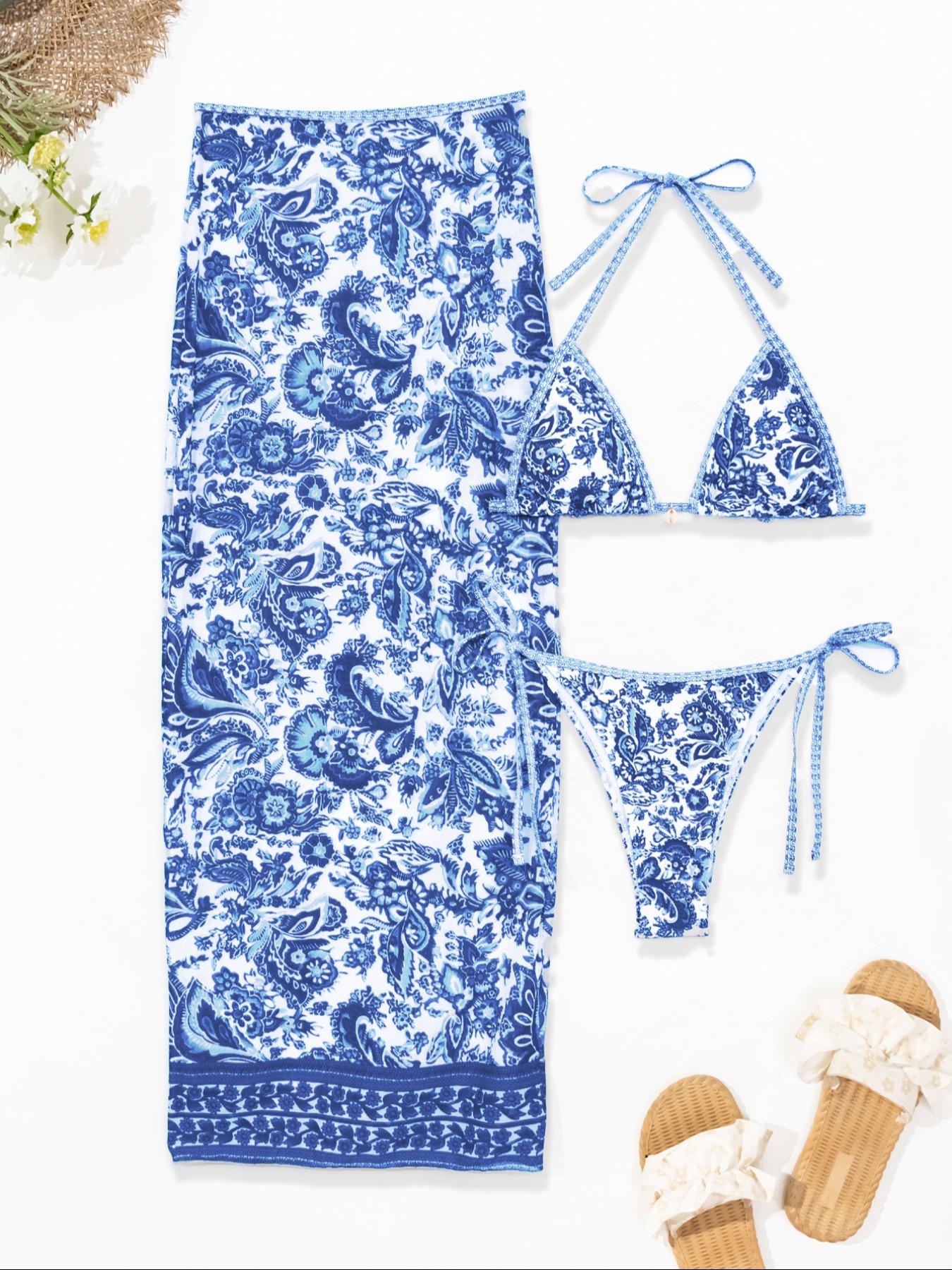 Women's Floral Print Halter Bikini Set, Casual Tie Back Contrast Mesh Swim Top & Tie Side Swim Bottom & Cover Up Skirt Set, Ladies Swimsuit for Beach Holiday Vacation, Floral Print Bikinis