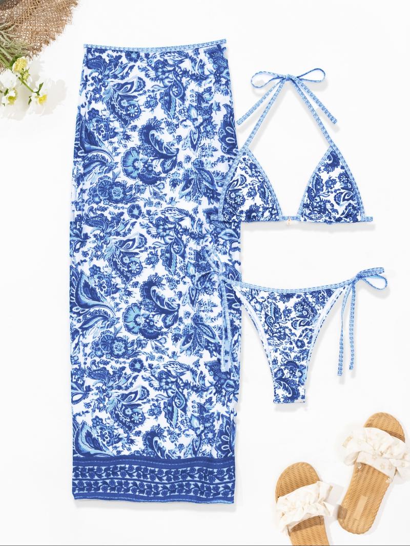 Women's Floral Print Halter Bikini Set, Casual Tie Back Contrast Mesh Swim Top & Tie Side Swim Bottom & Cover Up Skirt Set, Ladies Swimsuit for Beach Holiday Vacation, Floral Print Bikinis