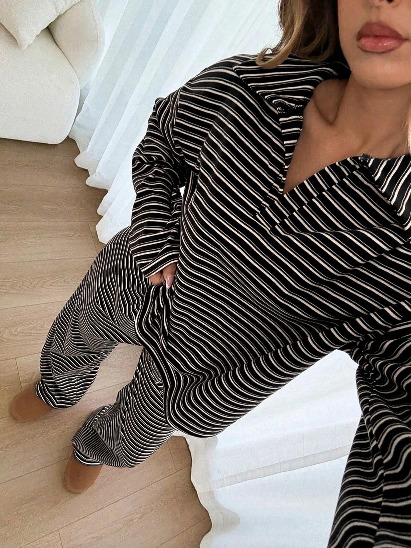 Women's 2pcs Set Loose Striped V-Neck Drop Shoulder Long Sleeve T-Shirt &Elastic Waist Striped Pants, Brown, Casual Sets For Women, Pajamas Set, Sleepwear Loungewear, Casual Sets For Women Brown Two Piece Set Women Women's 2pcs Set Loose Striped V-Neck Drop Shoulder Long Sleeve T-Shirt &Elastic Waist Striped Pants, Brown, Casual Sets For Women, Pajamas Set, Sleepwear Loungewear, Casual Sets For Women Brown Two Piece Set Women