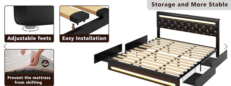 LIKIMIO Bed Frame with LED Lights and 4 Storage Drawers, Upholstered Platform Bed Frame Queen Size with Adjustable Crystal Button PU Leather Headboard, No Box Spring Needed, Black