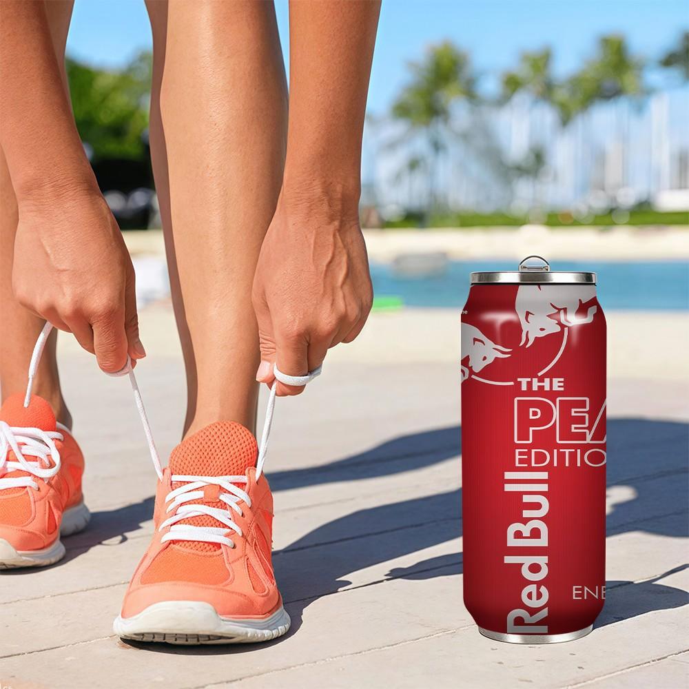 1pc 17oz Red Bull Peach Edition Vacuum Insulated Mug, Portable Stainless Steel Cup with Lid, Ideal Sports & Coffee Mug for Family Friends, Great for Camping, Outdoor & Holiday Gifts