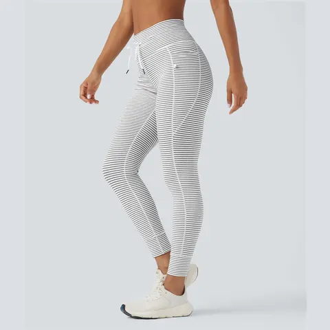 Halara High Waisted Drawstring Striped Yoga Leggings with Pockets