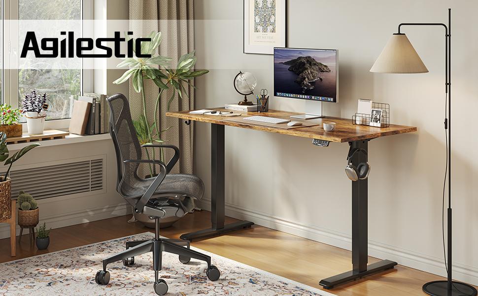 Agilestic 55.1 Inch Electric Height Adjustable Standing Desk, Sit to Stand Up Computer Desk with Memory Preset, Ergonomic Home Office Desk with Hooks,White/Black/Rustic Brown/Dark Walnut