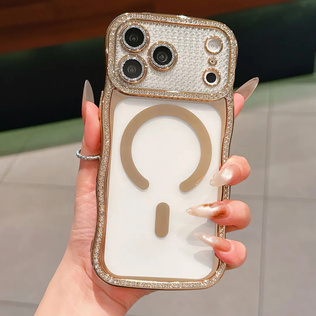 New diamond-studded phone case for iPhone 18 Pro Max, 16, 15, with electroplated wavy edges, large window, magnetic adsorption, 14/13, personalized lens film for women, smartphone anti-drop protective case