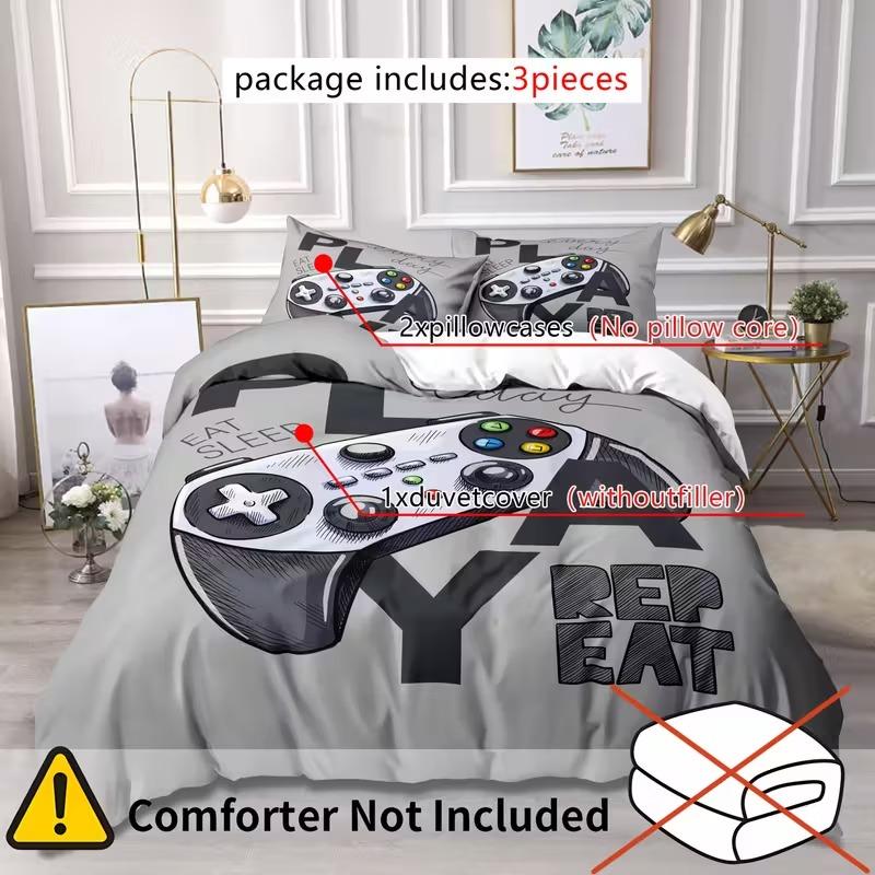 3-Piece Gaming Controller Bedding Set, Breathable Polyester, Zippered Closure, Digital Print, Soft Material, Dorm Decor