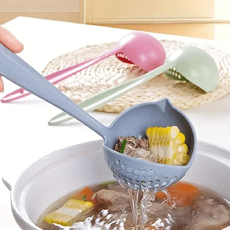 1pc 2-in-1 Wheat Straw Kitchen Soup Spoon with Long Handle and Colander Strainer Mesh - Perfect for Hot Pot and Tableware, Ideal for Camping and Dining, Hot Pot Essentials|Ergonomic Handle|Durable Kitchenware
