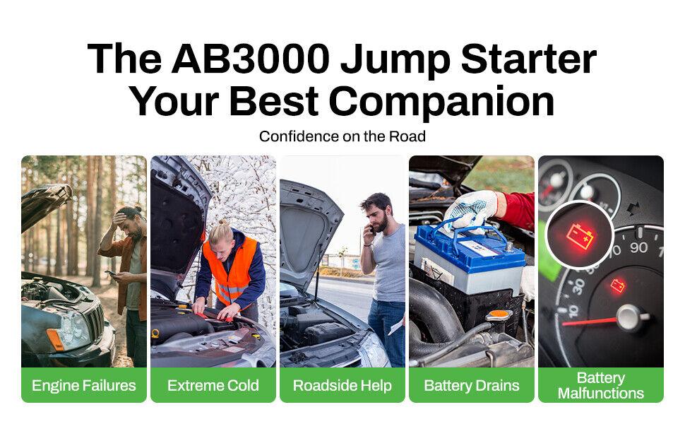 AMPBANK Upgraded AB3000 Jump Starter Portable, 3000A Battery Charger Power Bank ,compatible with 12V cars, SUVs, motorcycles ,lawn mowers AMPBANK Upgraded AB3000 Jump Starter Portable, 3000A Battery Charger Power Bank ,compatible with 12V cars, SUVs, motorcycles ,lawn mowers