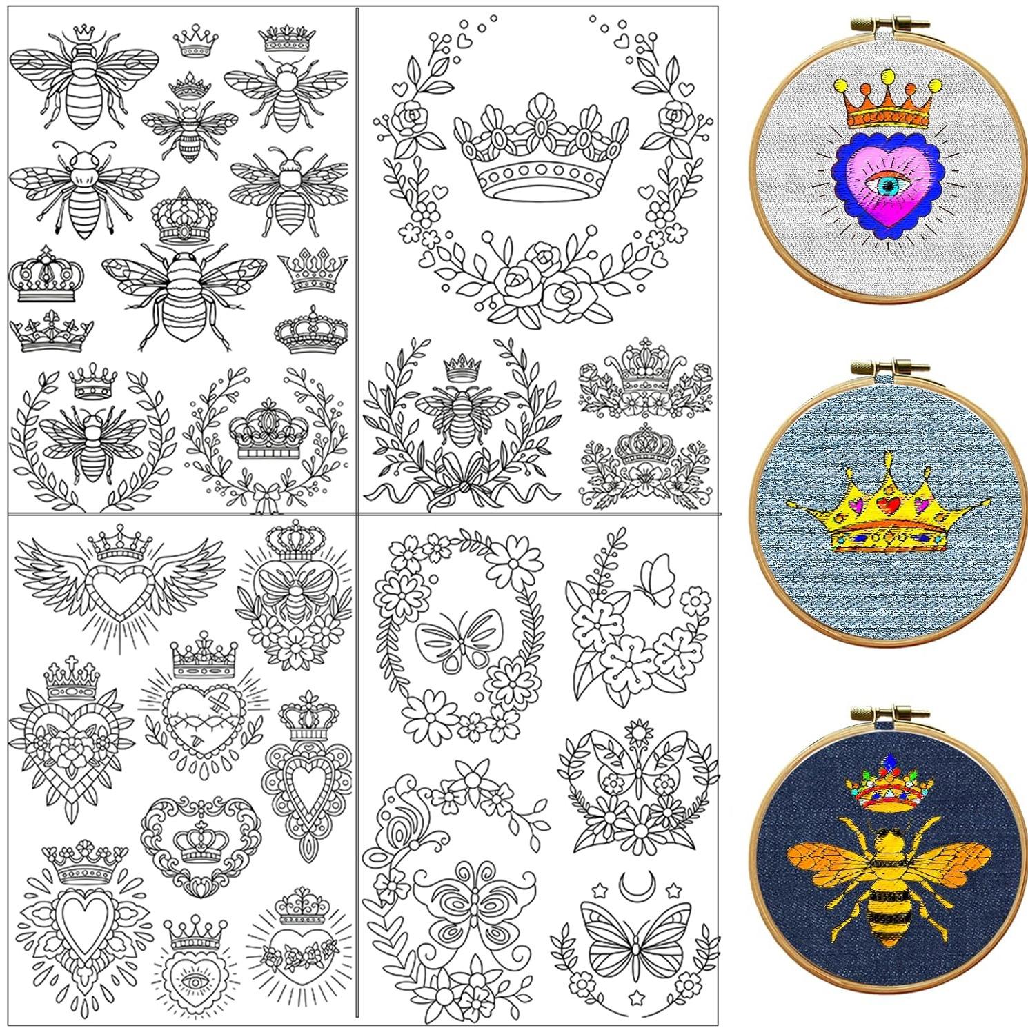 43Pcs Bee With Crown Water-Soluble Embroidery Patterns, Plant Pre-Printed Stabilizer Embroidery Stickers, Non-Woven Self-Stick Embroidery Stickers