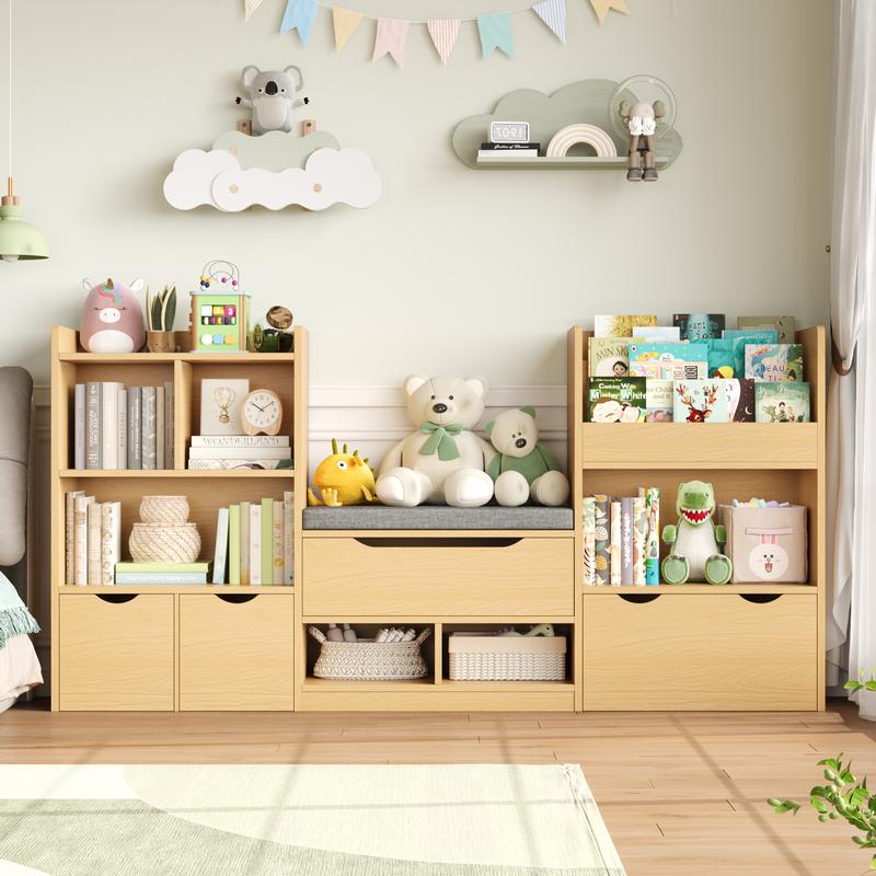 FOTOSOK 72'' Kids Bookshelf with Reading Nook, Large Toy Storage Organizer with Seat Cushion and 3 Movable Drawers, Kids Reading Nook Toy Organizers and Storage with Bench for Playroom
