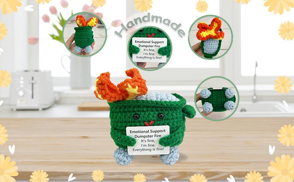 Modern Emotional Support Crochet Dumpster Fire Toy with Positive Card, Cute Green Home Decor Knitted Support Toy, Gift for Friends, Support Toys