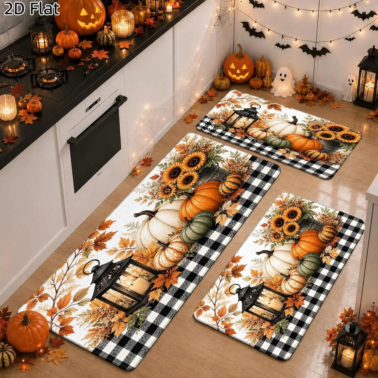 1pc-3pc Flannel Fabric Kitchen Floor Rugs - 2D Flat Print Rustic Checkered Pumpkin Decorative Area Rug, Stain-Resistant Easy-To-Clean Indoor Use Autumn Harvest Home Decor Rug Protector Mat