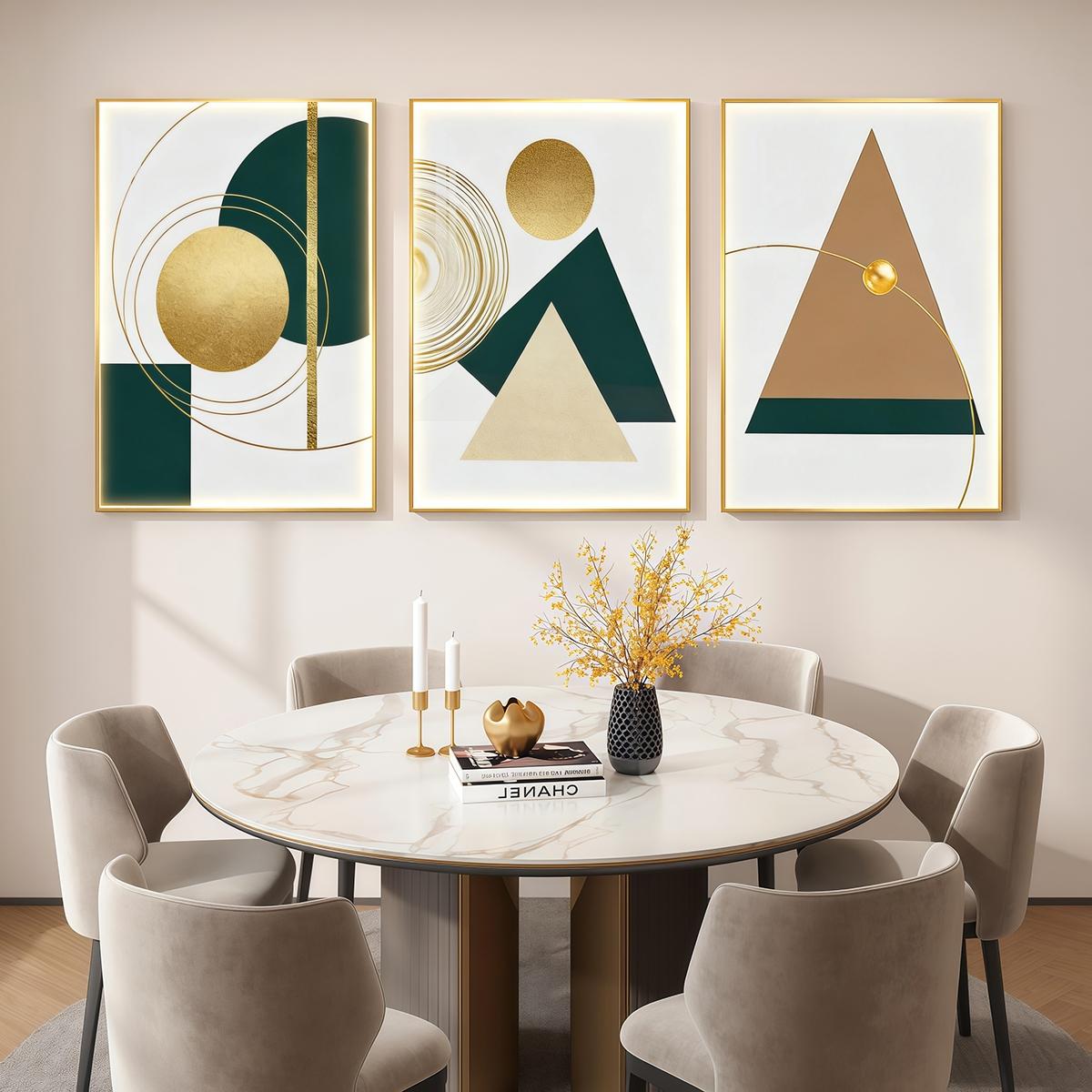 3 Counts Aluminum Alloy Framed Painting, Geometric Gold And Green Abstract Shapes Pictures, Home Decoration For Living Room, Bedroom, Office, Restaurant, Hallway Wall Decor, Odorless Print Artwork, Luxury Perfect Gift For Friends And Family