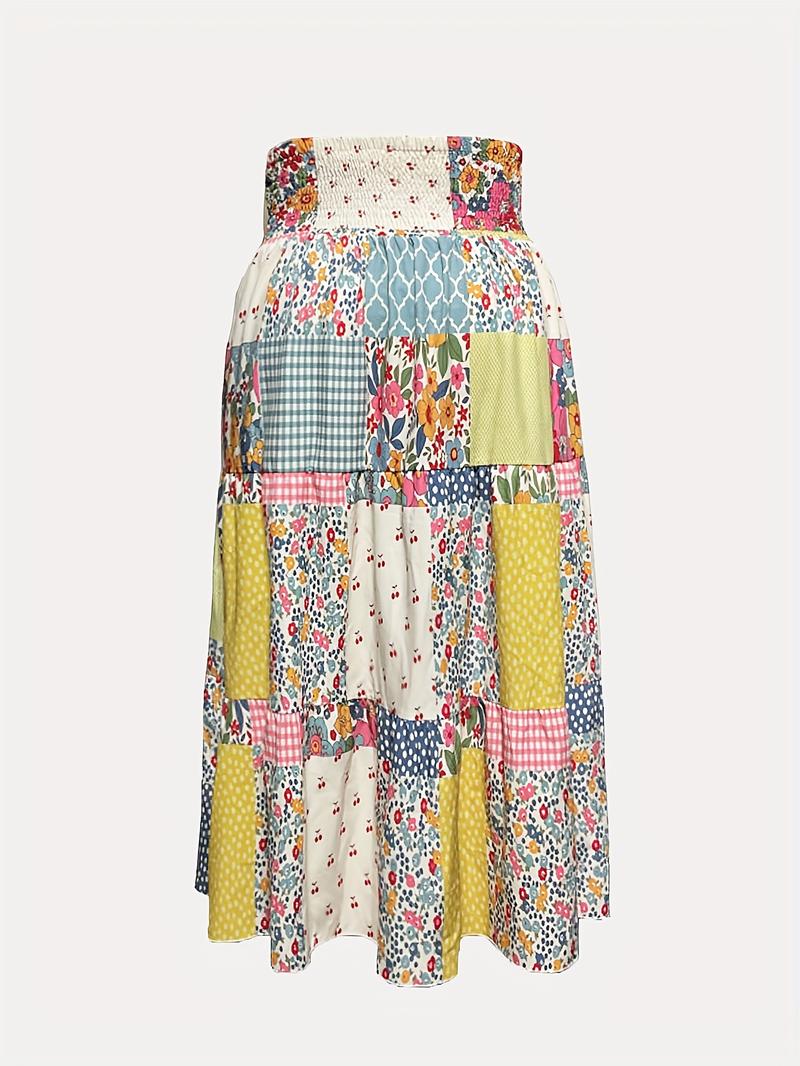 Plus Size Colorblock Print Pocket Skirt, Casual Waist Tie Long Half Skirt, Comfortable and Stylish Women's Fashion