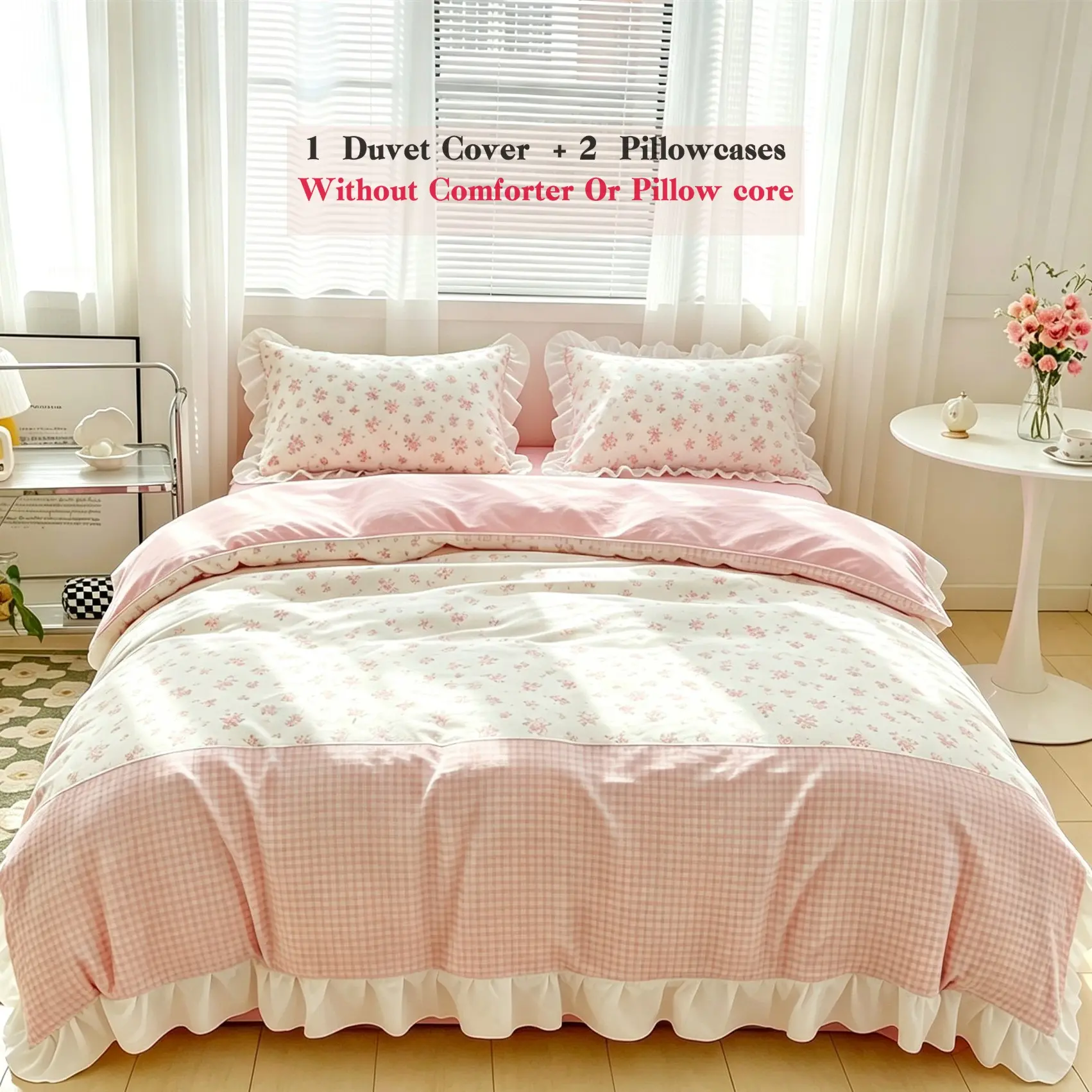 Pink Floral Gingham Duvet Cover Set 3PC Ruffle Soft Bedding with 2 Pillowcases Comfy Bed Sets