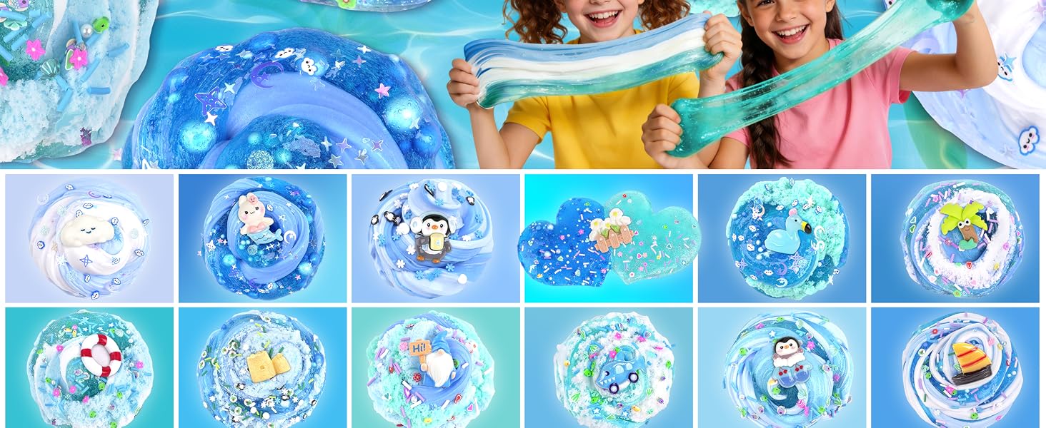 6 Pack Blue Ocean Slime, Clear Butter Cloud Slime Kits for Girls Ages 8-12, Non-Stick Kids Slime Party Favor Toys with Add-Ins, Birthday Goodie Bag Stuffers Easter Valentines Day Gifts for Kids