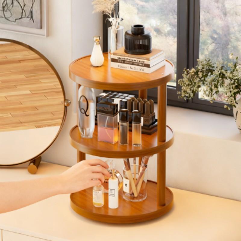 Round Table Three-Tier Storage Rack, Cosmetic Organizer, Perfume Display Stand, Fixed/rotating Base, Indoor Living Room Cup Holder, Bedroom Cosmetics Shelf