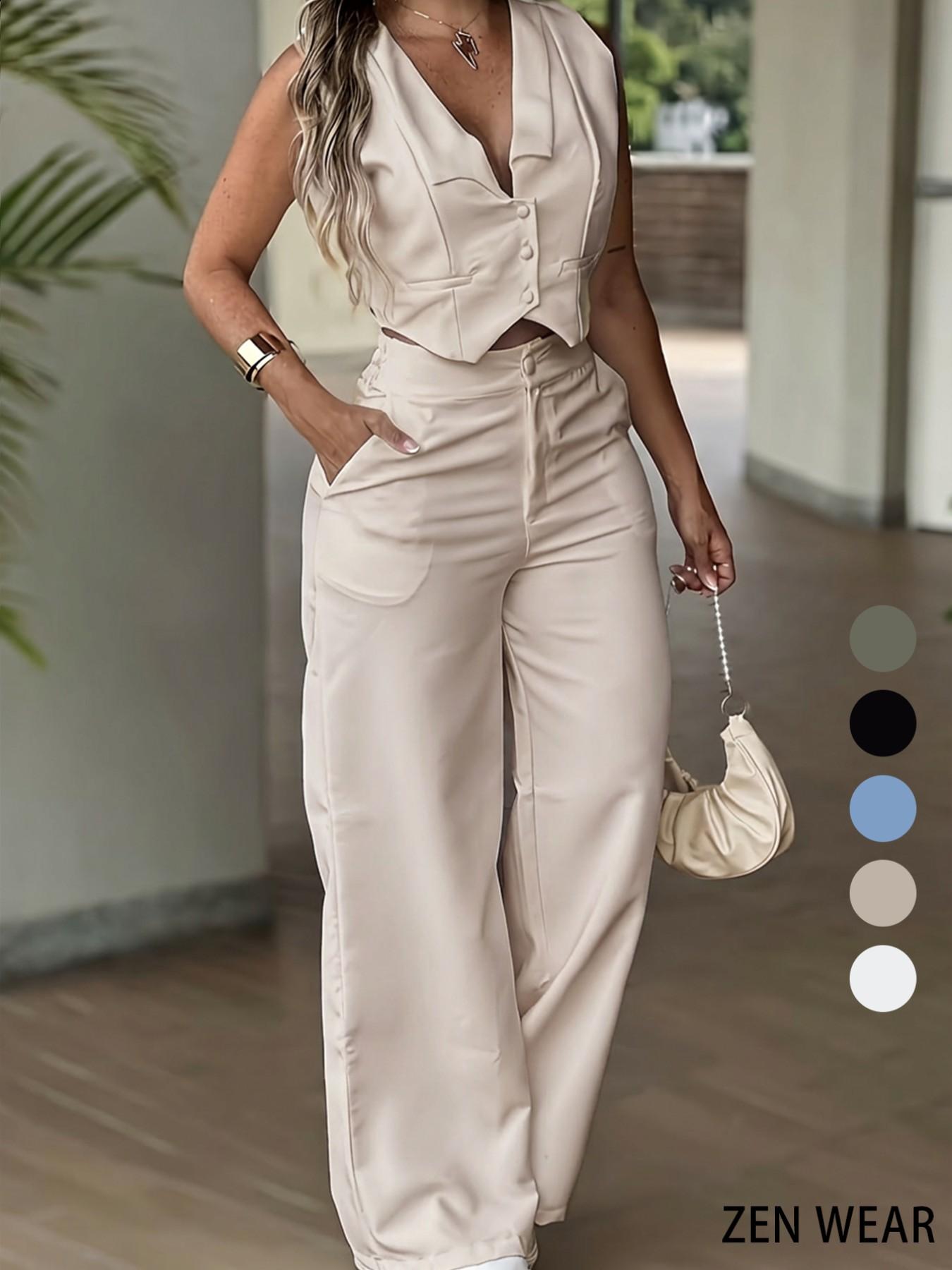 New Women's Pants Set, Sleeveless Waist Cinching Vest Set, Wide Leg Pants, Elegant Office Lady Commuter Two-Piece Suit New Women's Pants Set, Sleeveless Waist Cinching Vest Set, Wide Leg Pants, Elegant Office Lady Commuter Two-Piece Suit