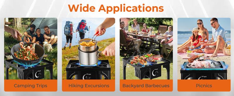 GEEKHOM Propane 3 Burner Camp Stove Outdoor High Pressure Propane 2 Burner Adjustable PSI Regulator and Steel Braided Hose With Removable Legs