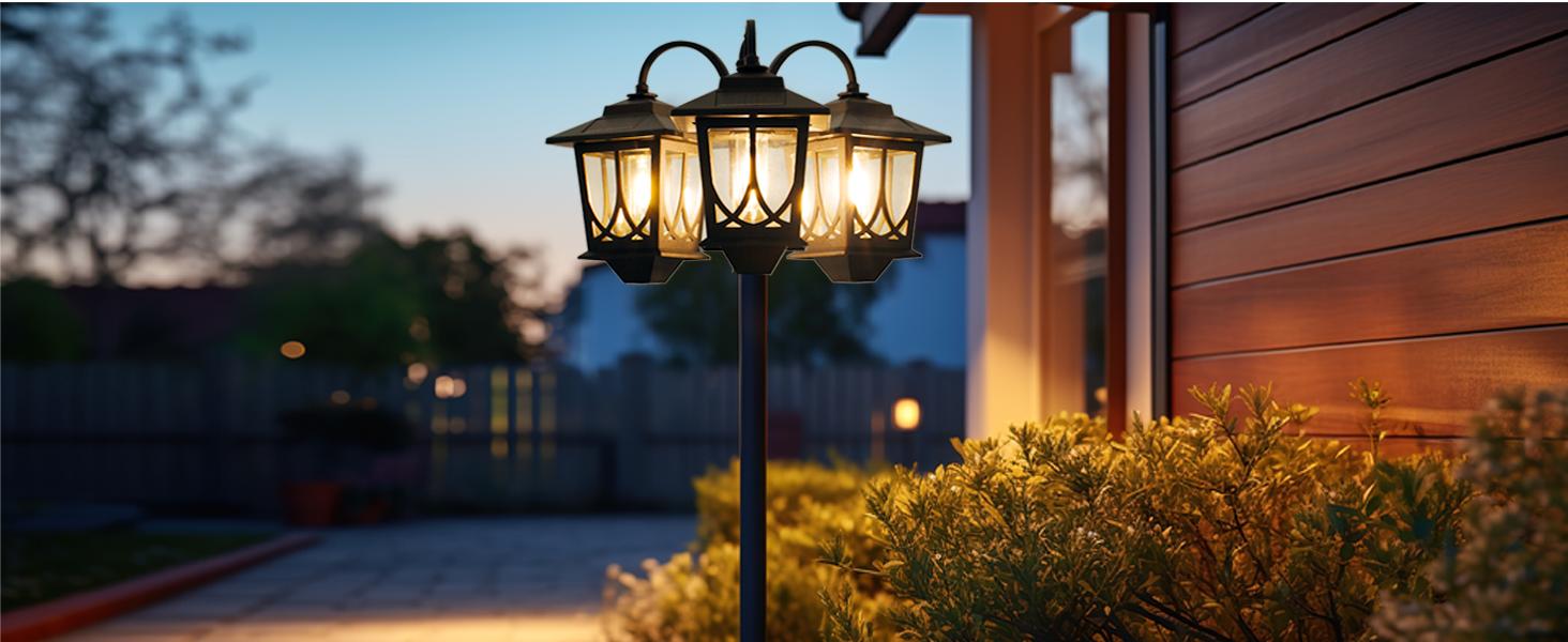 Outdoor Solar Lamp Post Lights, Solar Floor Lamps Outdoor Lights, 3-Head Waterproof Solar Powerd Lights for Garden, Lawn, Pathway, Yard, Front/ Back Door, 60 Lumens, 2 Extra Spare Bulbs, Decoration