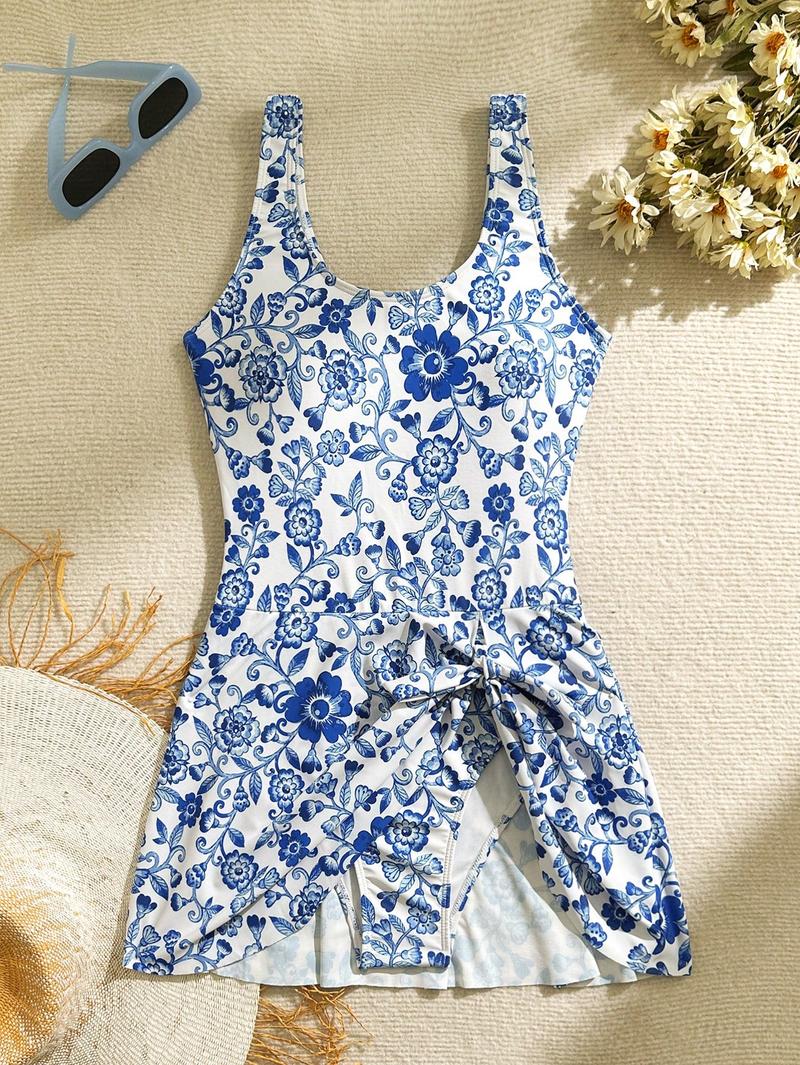 Women's Summer Beach Floral Prints Beach Vacation One Piece Swimdress Swimsuits for Women Tummy Control Swim Dresses Skirt Bathing Suit