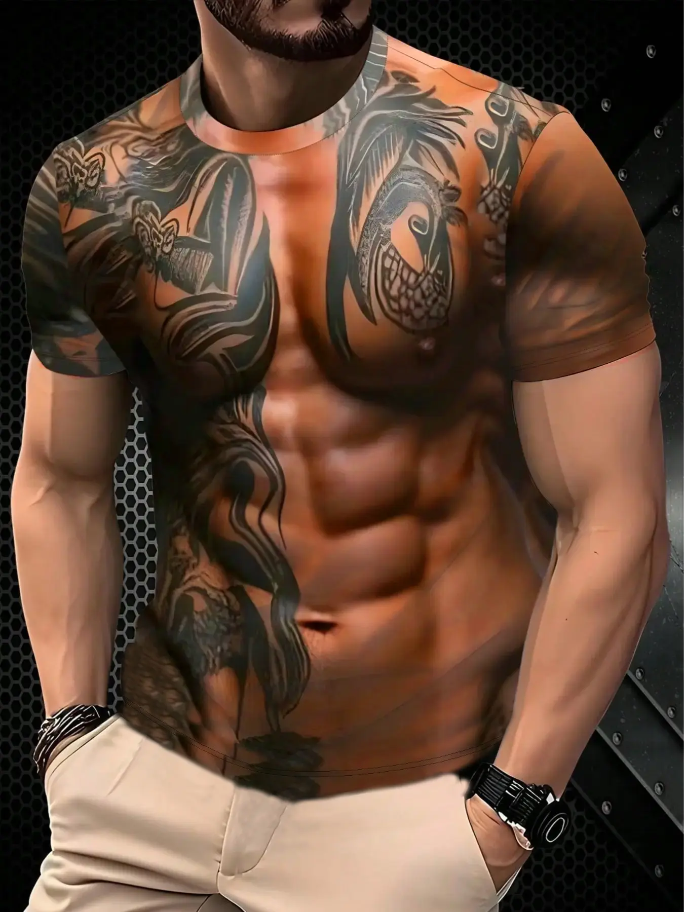 Men's Creative Tattoo Print Short Sleeve T-Shirt, 3D Visual Fake Tattoo, Casual Summer Round Neck, Loose Fit, All Seasons