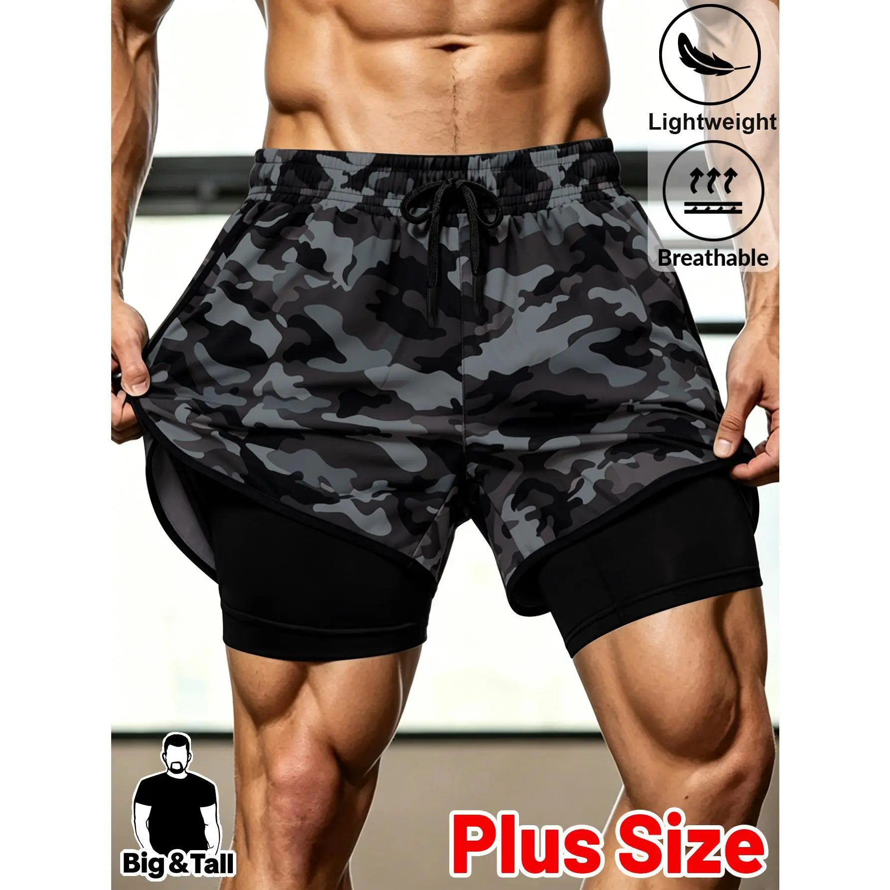 Male Plus Size Camo Print 2-in-1 Universal Sport Shorts, Sporty Gym Streetwear Shorts with Built-in Compression Liner, Drawstring Elastic Waist, Lightweight Breathable Fabric, for Outdoor Runs & Fitness Training