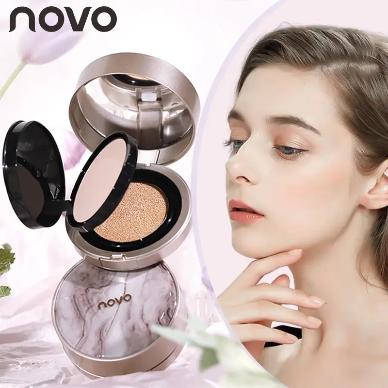NOVO 2 In 1 Cushion Foundation With Concealer Marble Case Design Moisturizing Buildable Coverage Even Skin Tone Long Wear Breathable Face Base Makeup For Women