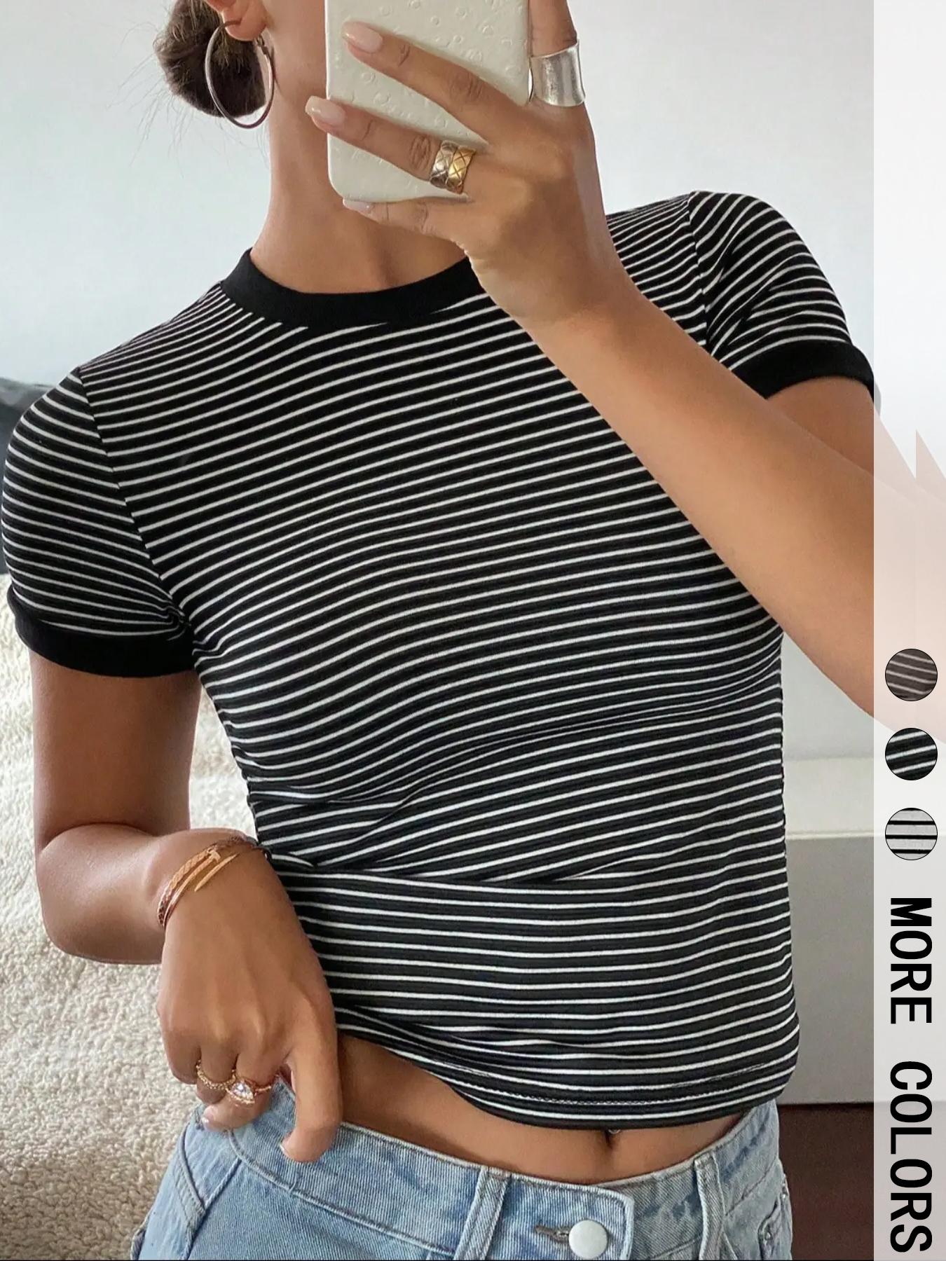 Women's Striped Print Round Neck Tee, Casual Short Sleeve T-shirt, Ladies Summer Clothes for Daily Wear