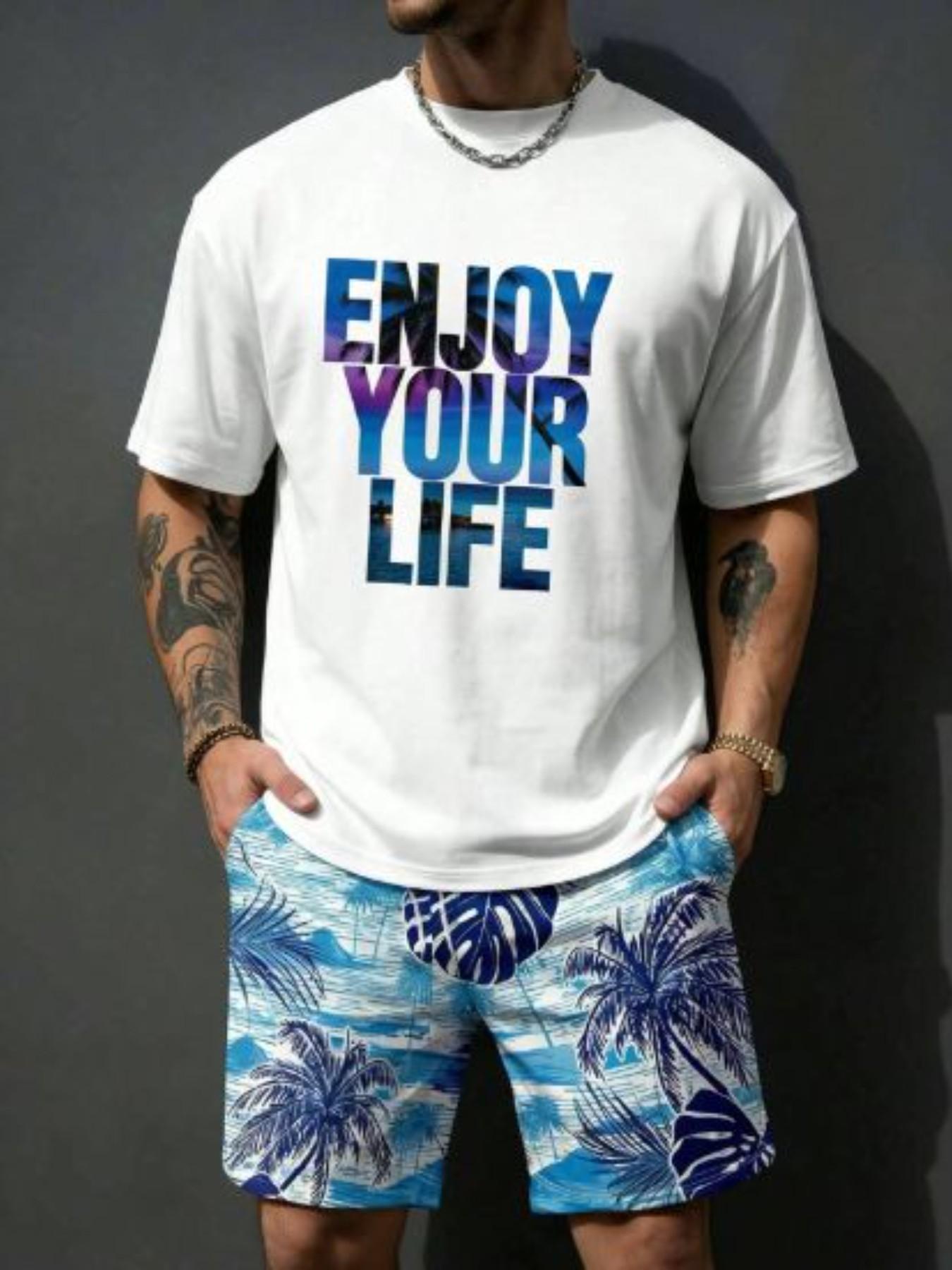 Summer Men's Outdoor Round Neck Short Sleeve T-Shirt and Shorts Set, Vacation Style All over Print, Fitted, Above the Knee