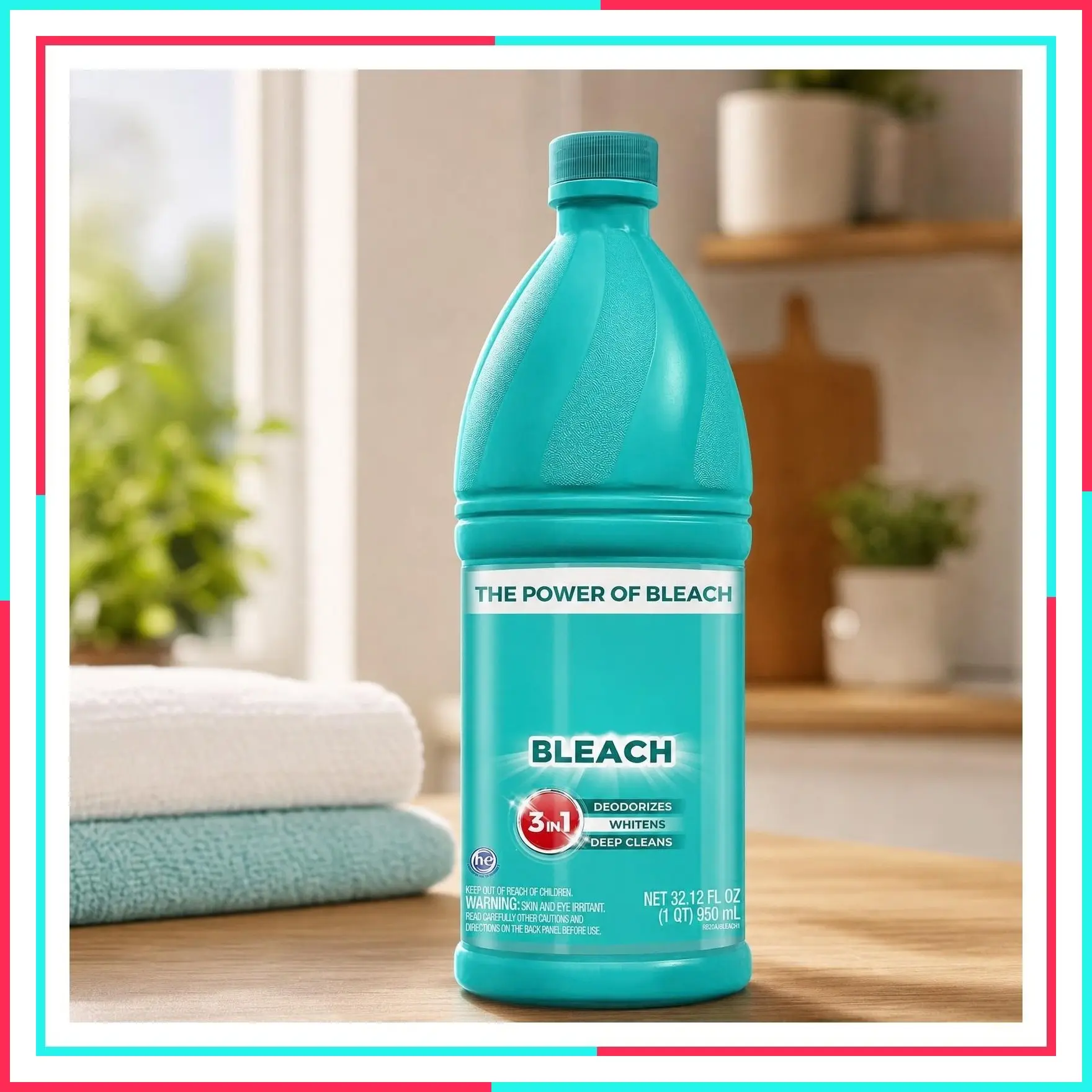 All-Purpose 3-in-1 Liquid Bleach Cleaner – 32.12 fl oz – Deodorizes, Whitens & Deep Cleans for Laundry, Bathroom & Kitchen