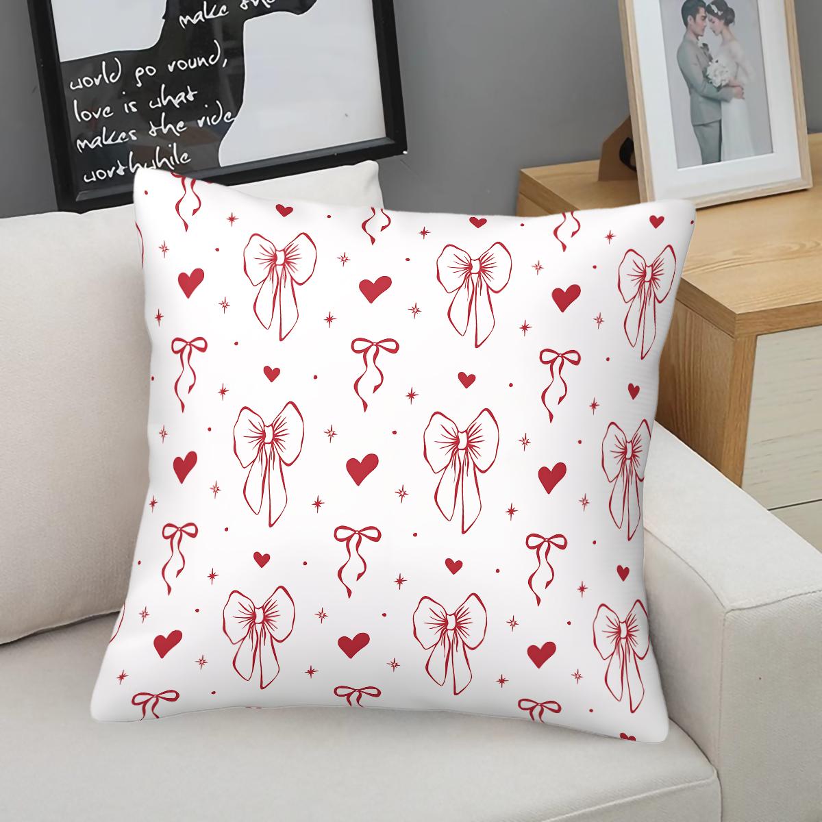 Cute Bow Print Throw Pillow, Heart Checkerboard Decorative Sofa Cushion, Exquisite Gift for Girls & Women, with Pillow Insert