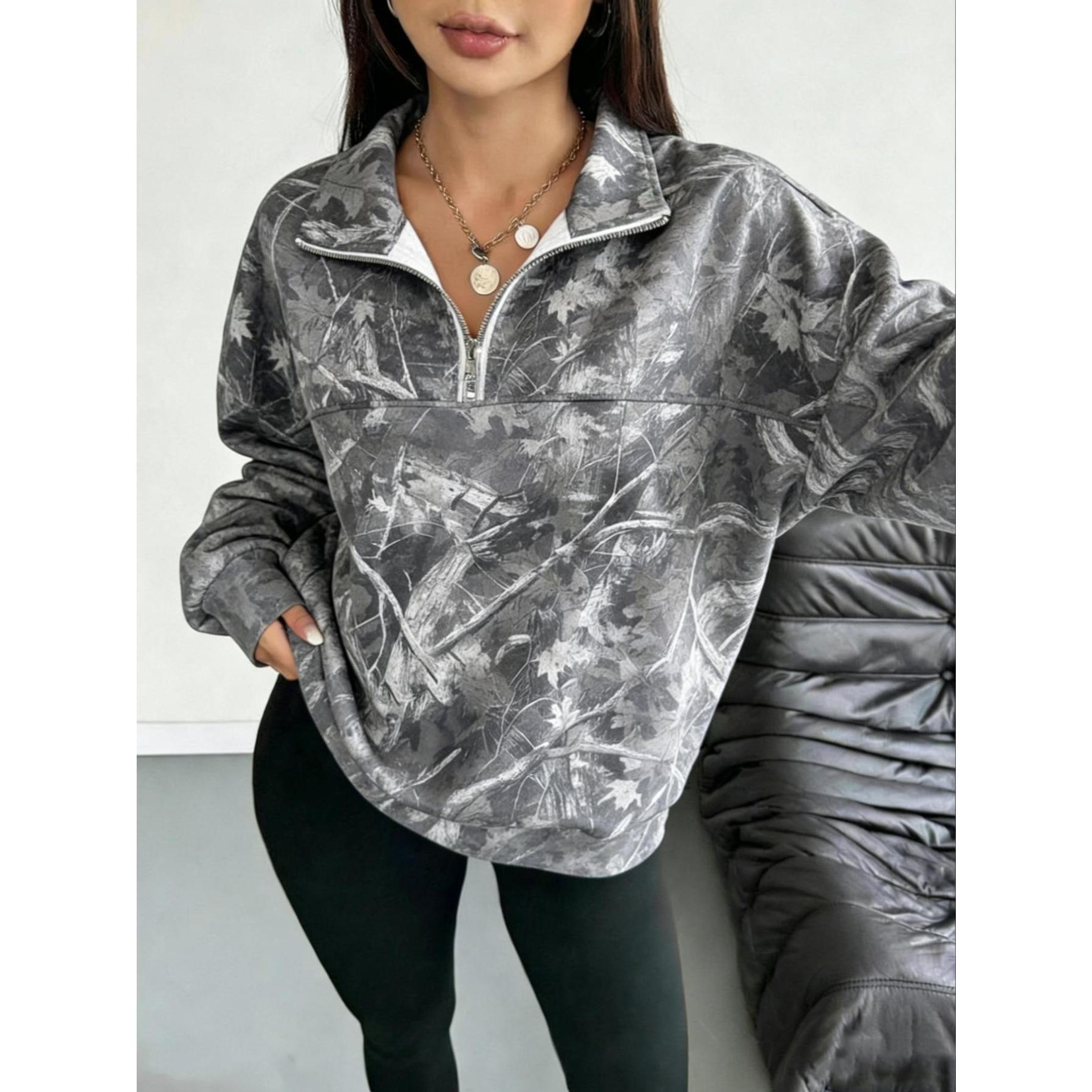 Women's Hooded Half-Zip Casual Graphic Casual Hoodie Collared Round Neck Long Sleeve Sport Top, Full Print Leaf Pattern, Digital Printing, Loose Fit, Fall & Winter, Pullover Sweatshirts, Hoodie Sweatshirts