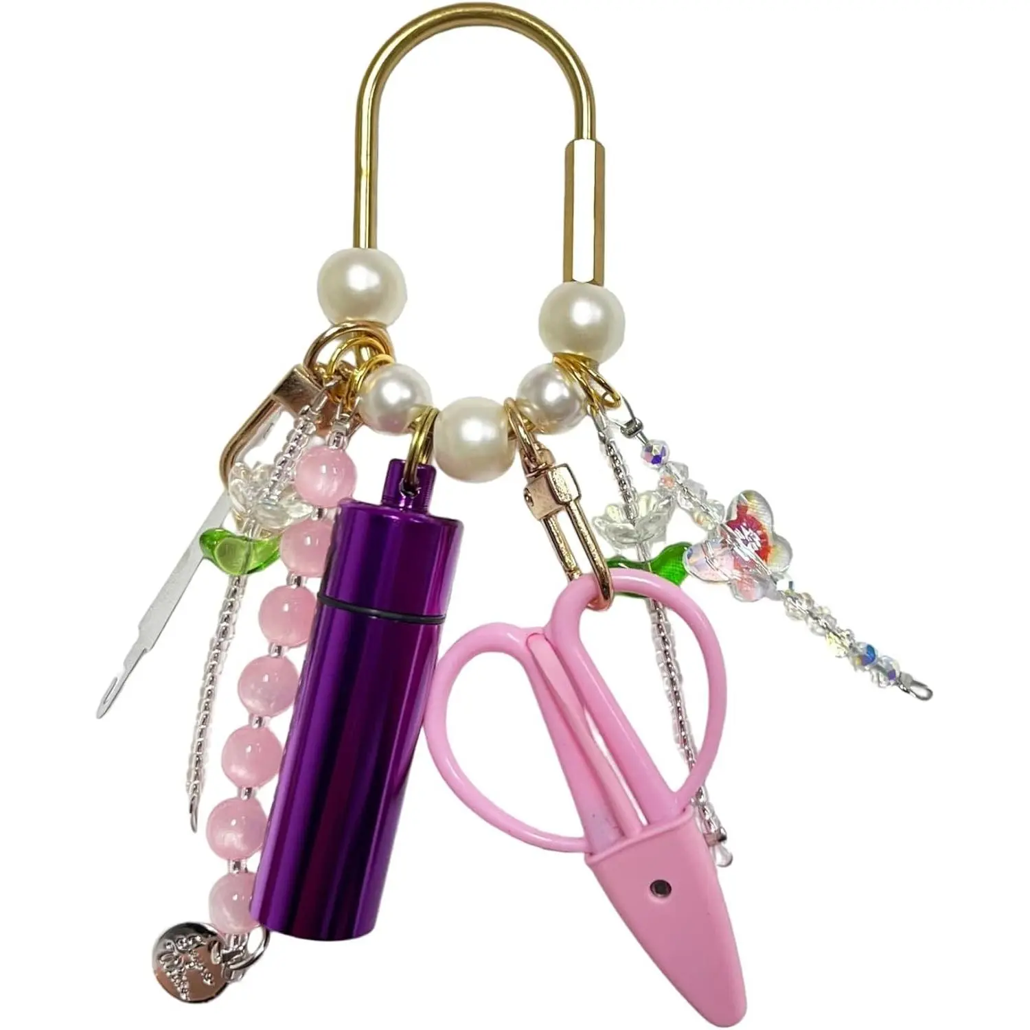 Needlepoint Bag Charm Tool Kit with Mini Embroidery Scissors, Needle Threader, Needle Holder Tube & Gold Keyring, Portable Embroidery Accessories for Cross Stitch Sewing DIY Crafts (Pink)