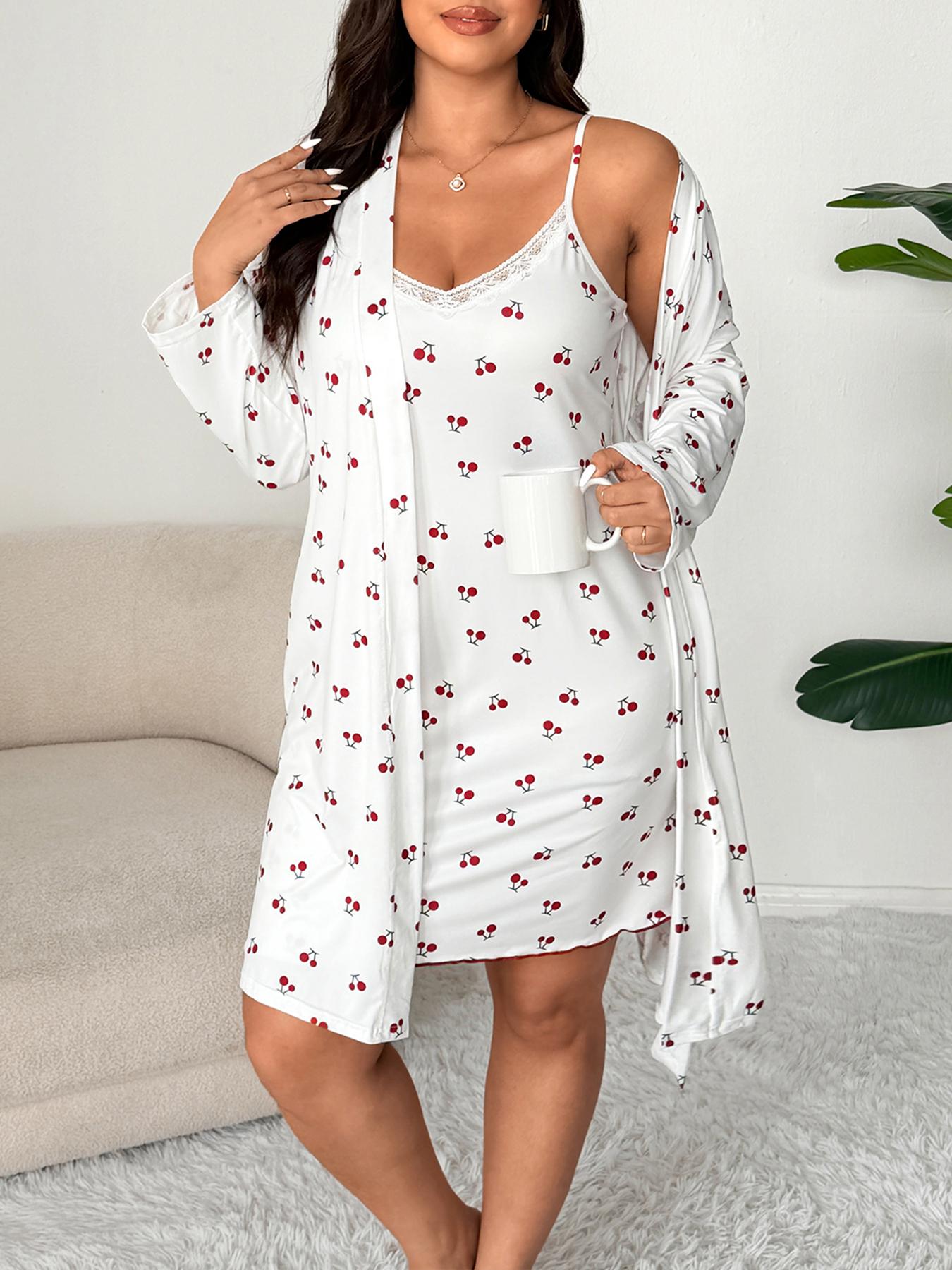 Plus Size Cherry Floral Lace Halter Dress + Long Sleeve Sleepwear Set, Sweet Casual Home Wear, Fitted Summer