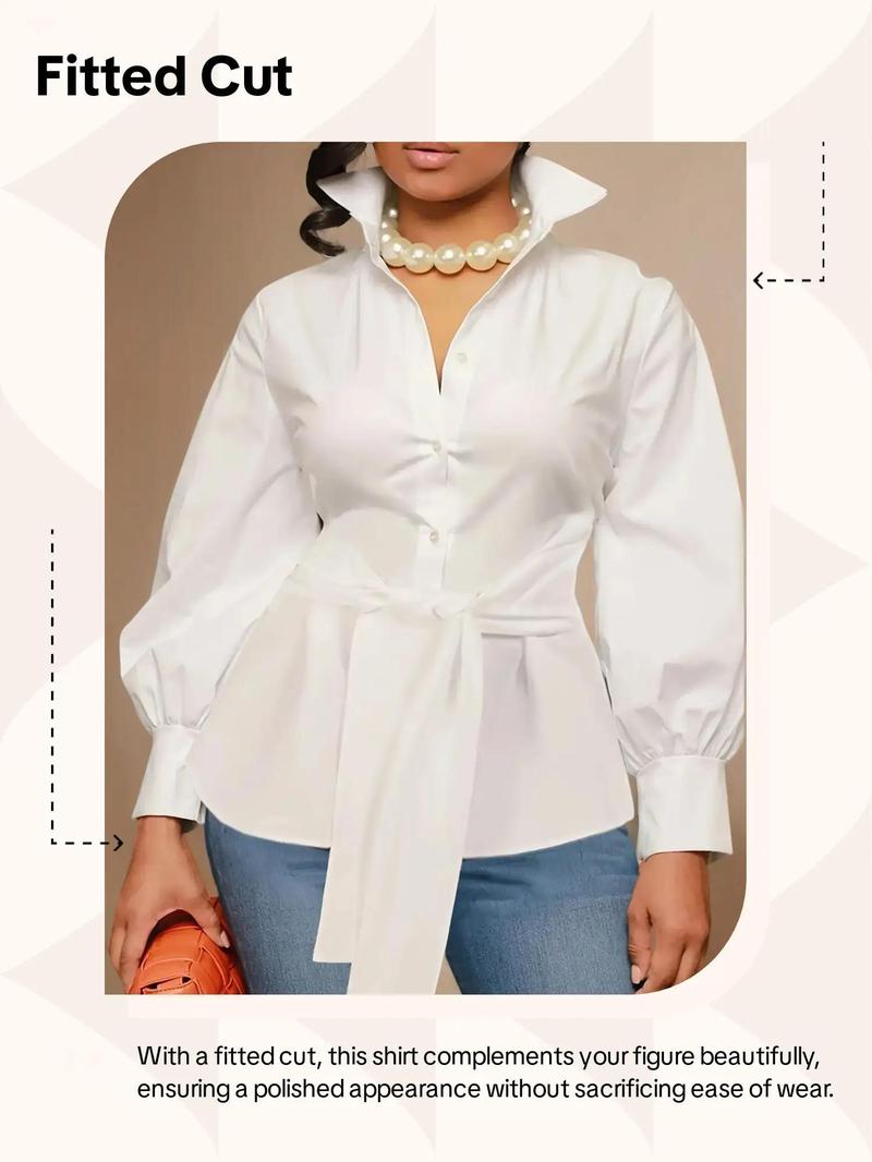 【Plus Size】 Solid Belted Button Front Shirt Blouse, Elegant Bishop Sleeve Collared Top for Women, Women's Clothing for Fall & Winter, Womenswear
