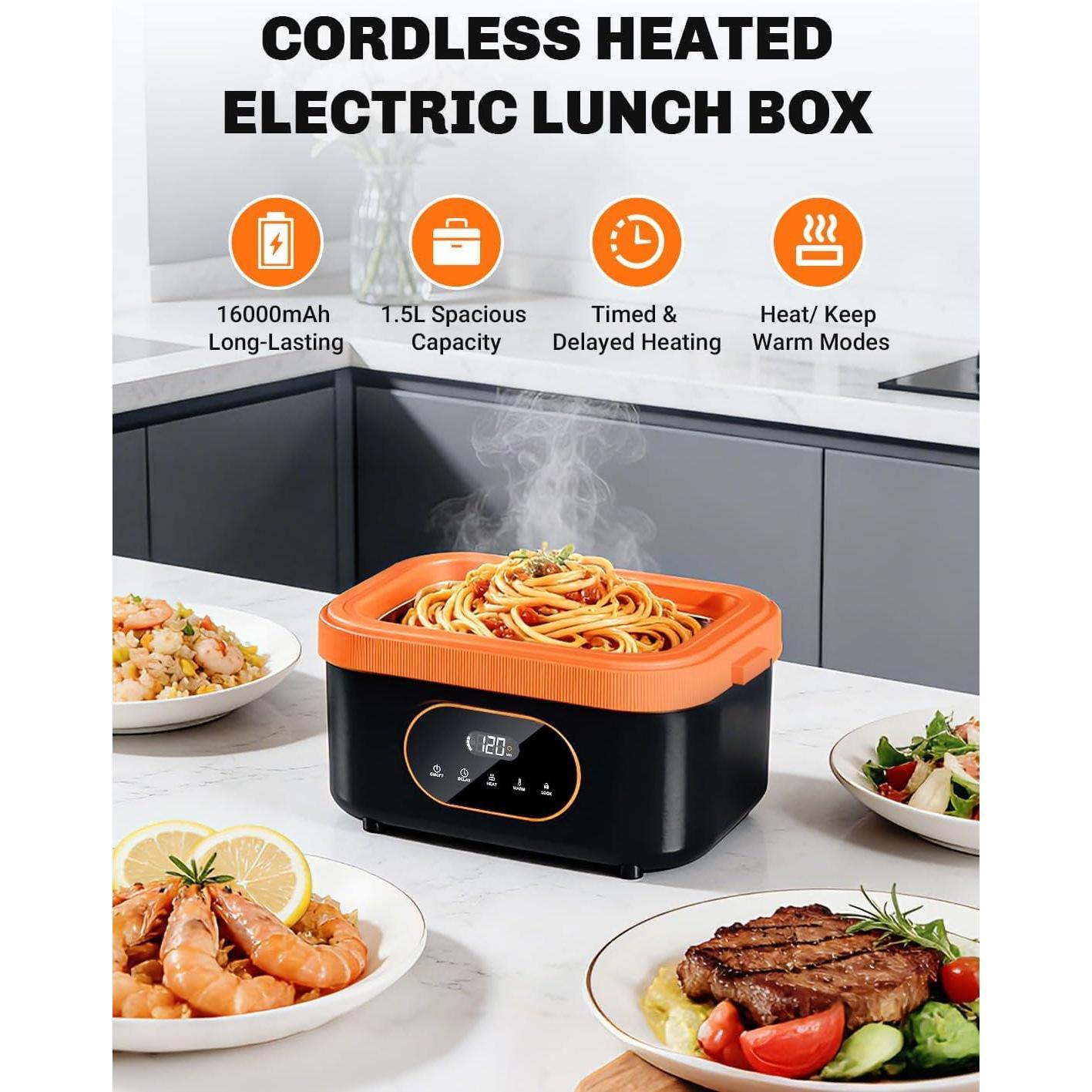 Cordless Electric Lunch Box for Adults, 16000mAh Rechargeable Heated Lunch Box, 1.5L 60W Self-Heating  Warmer for Men, Women, Construction Workers, Drivers, Office Workers