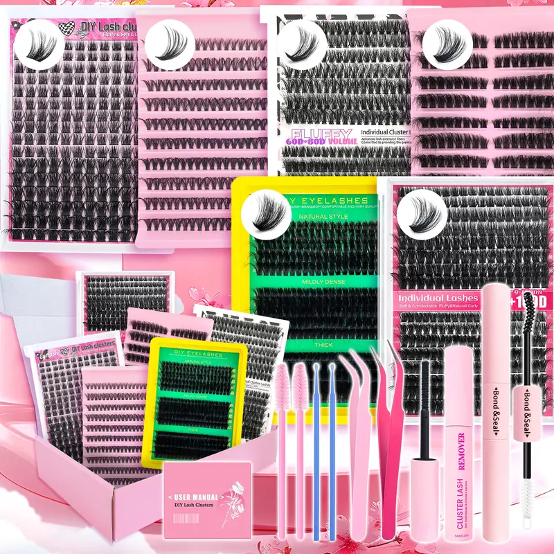 Natural False Eyelashes Set, Mixed Length Volume Individual False Eyelashes with Tools, Eye Makeup Enhancement Tool for Women & Girls, Cosmetic, Lashes Clusters, Fluffy Wispy Lashes, Volumized Fake Eyelashes, DIY Eyelash Extensions