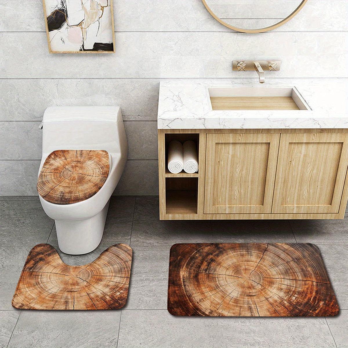 3pcs Bathroom Anti Slip Pad Set, Brown Tree Stump Annual Ring Print, Soft Flannel, Non Slip Bathroom Mat, U-Shaped Toilet Mat, Toilet Lid Mat, Bath Mat Rug, Fashionable Modern Design, Versatile Home Decor, Bathroom Decor/Accessories