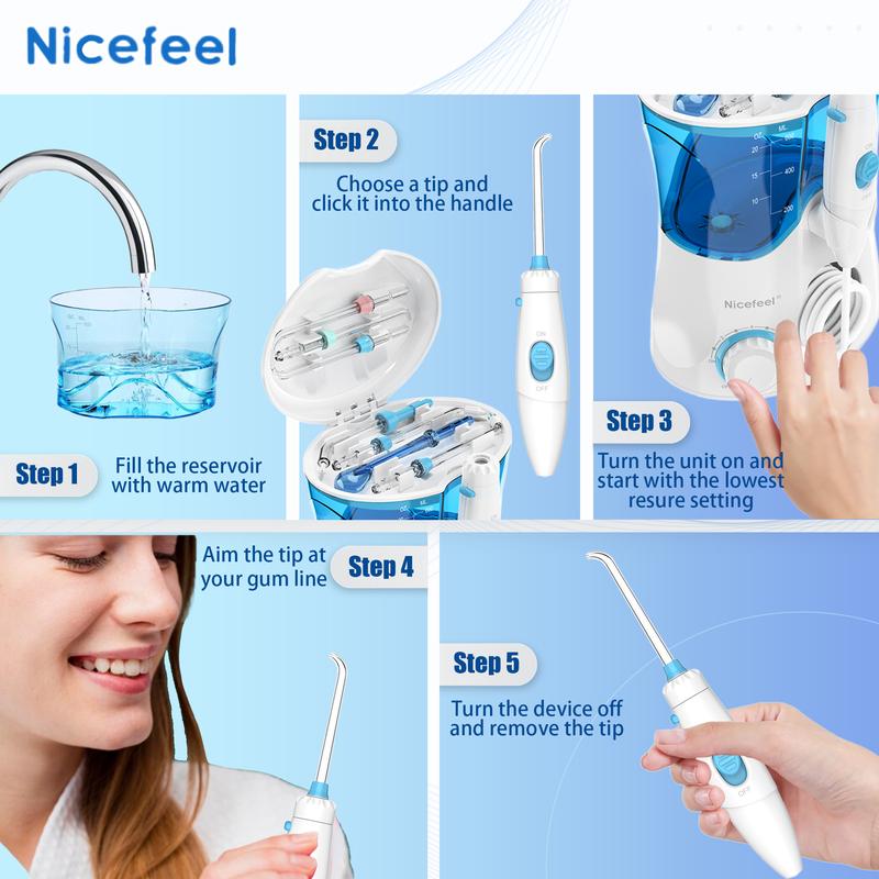 Nicefeel Water Floss - Electric Tooth Water Floss for cleaning and braces cleaning, 10 pressures and 7 Tips, 600ml Water floss for home use