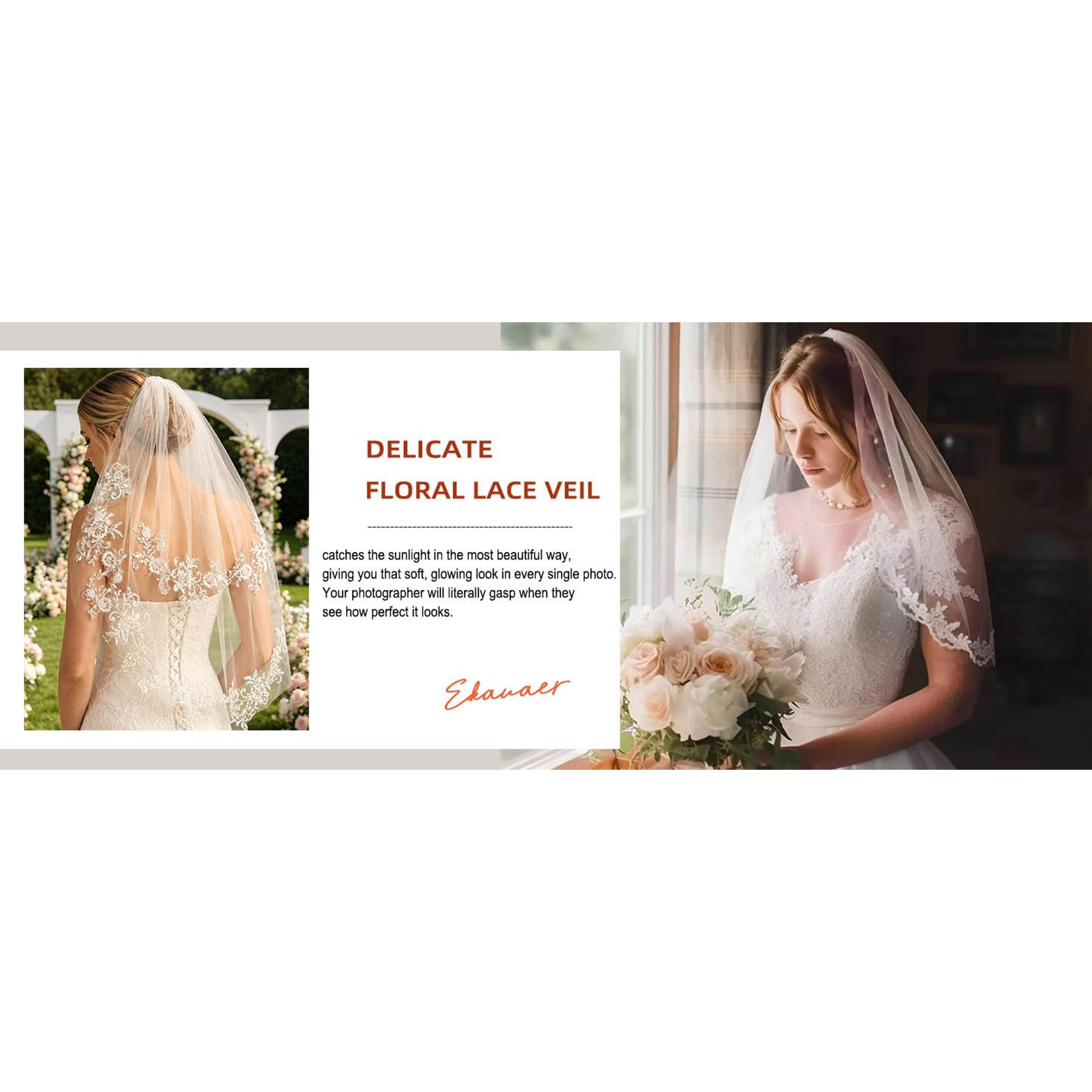Short Bride Wedding Veils with Floral Lace, 2 Tier 2T Waist Length Soft Tulle Hair Accessories