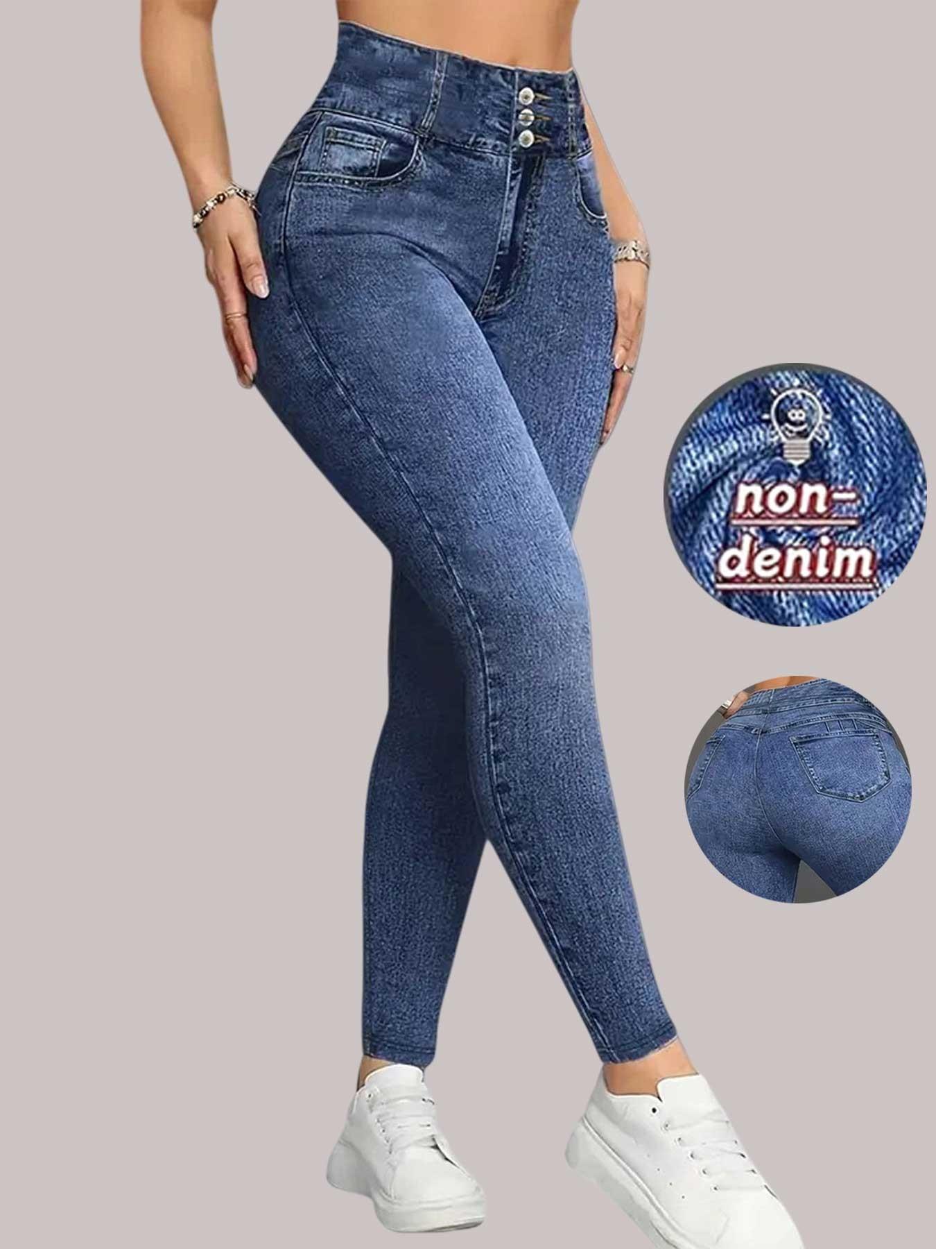 Women's High Waisted Stretch Denim Look Bottoms, Slim Fit Long Pants, Casual Sporty High Waist Butt Lifting Breathable Inner Layer Outerwear