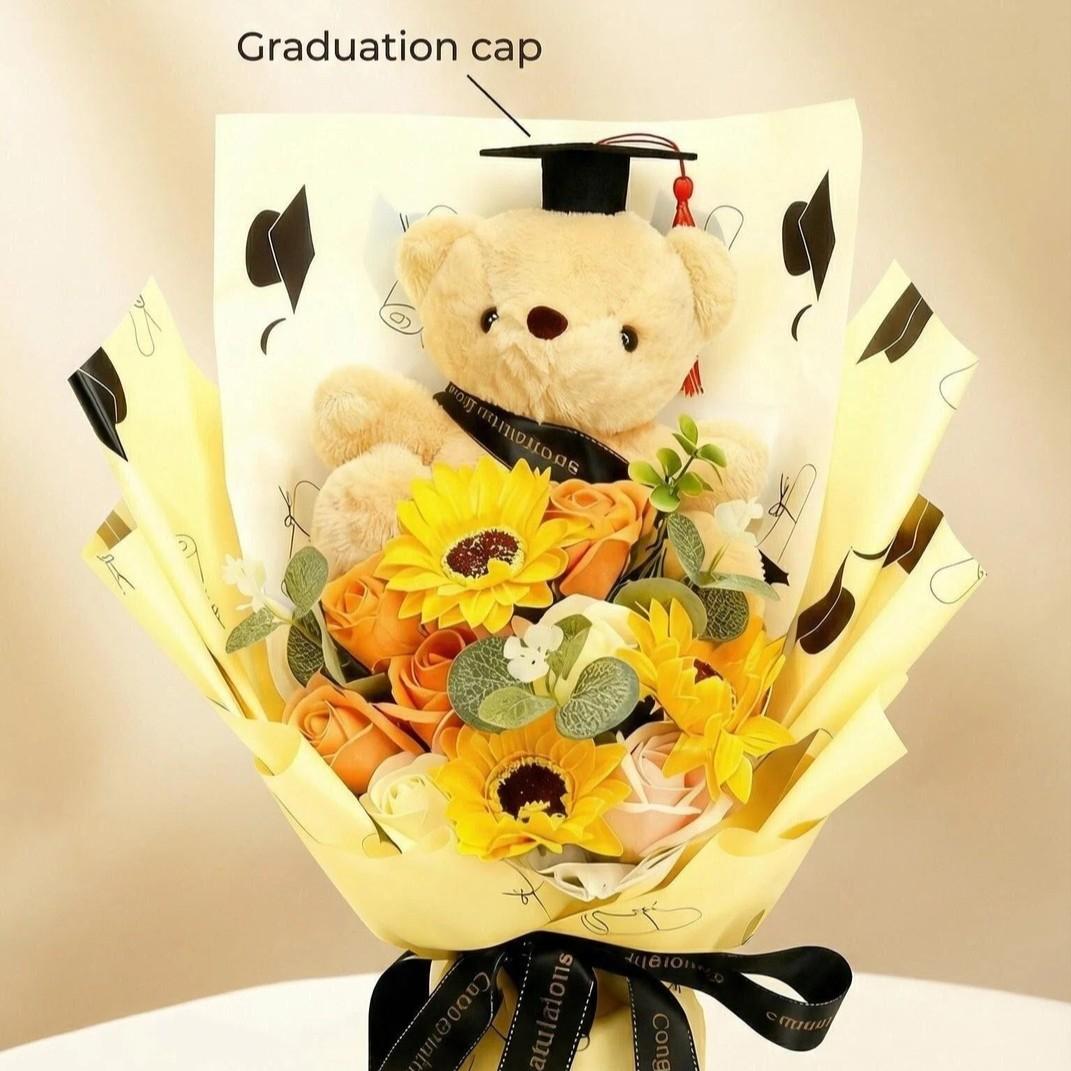 Graduation Teddy Bear Bouquet with Sunflower Soap Flowers, PhD Bear Plush Stuffed Animal in Window Gift Box, Artificial Floral Arrangement, Class of 2026 Gift for Friend