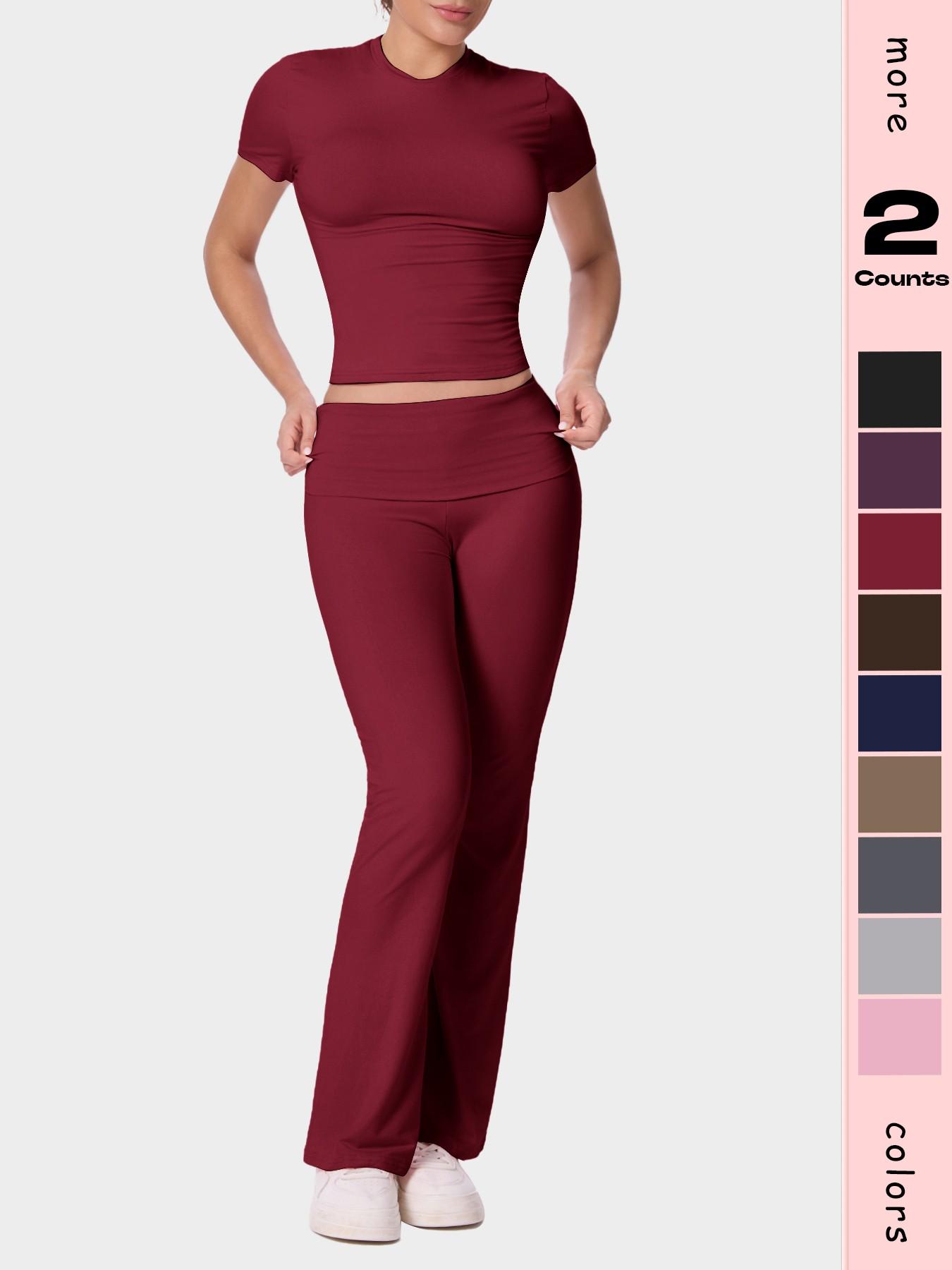 Women's Solid Color Short Sleeve Top & Flare Leg Pants Loungewear, Casual Comfy Two-piece Lounge Set, Ladies Loungewear for All Seasons, Pajama Set