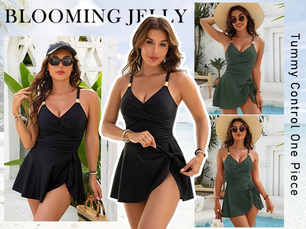 Blooming Jelly Gold Metal Tie Knot One Piece Swimsuit Womens Tummy Control Swim Dress Tankini Outfit Summer Swimdress