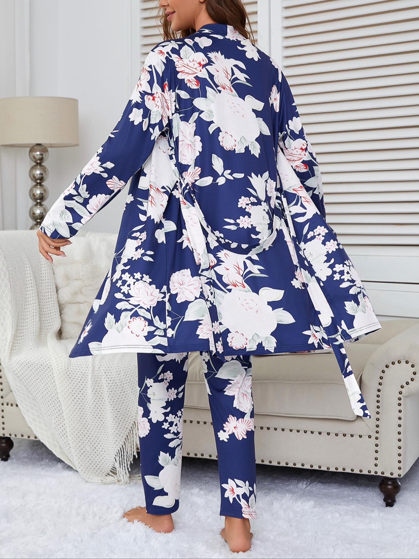 Women's Floral Print Strap Pants Set, Casual Fitted Sleepwear with Belted Long Sleeve Robe, All Season Comfortable Loungewear